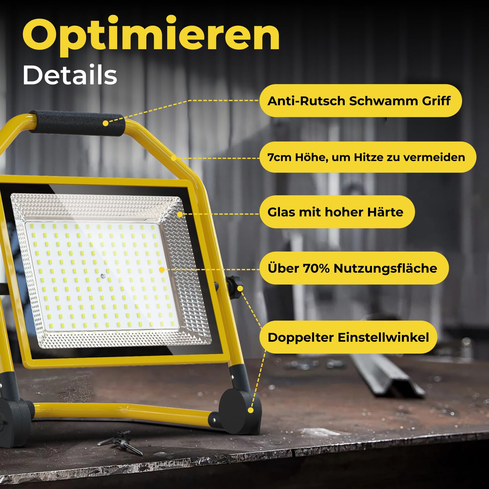 LED Baustrahler mit 16500 Lumen, 16FT Kabel, 6500k, Wasserdicht, Verstellbarer Ständer Ideal für Innen und Außenwerkstätten, Garagen und Baustellen (150W)