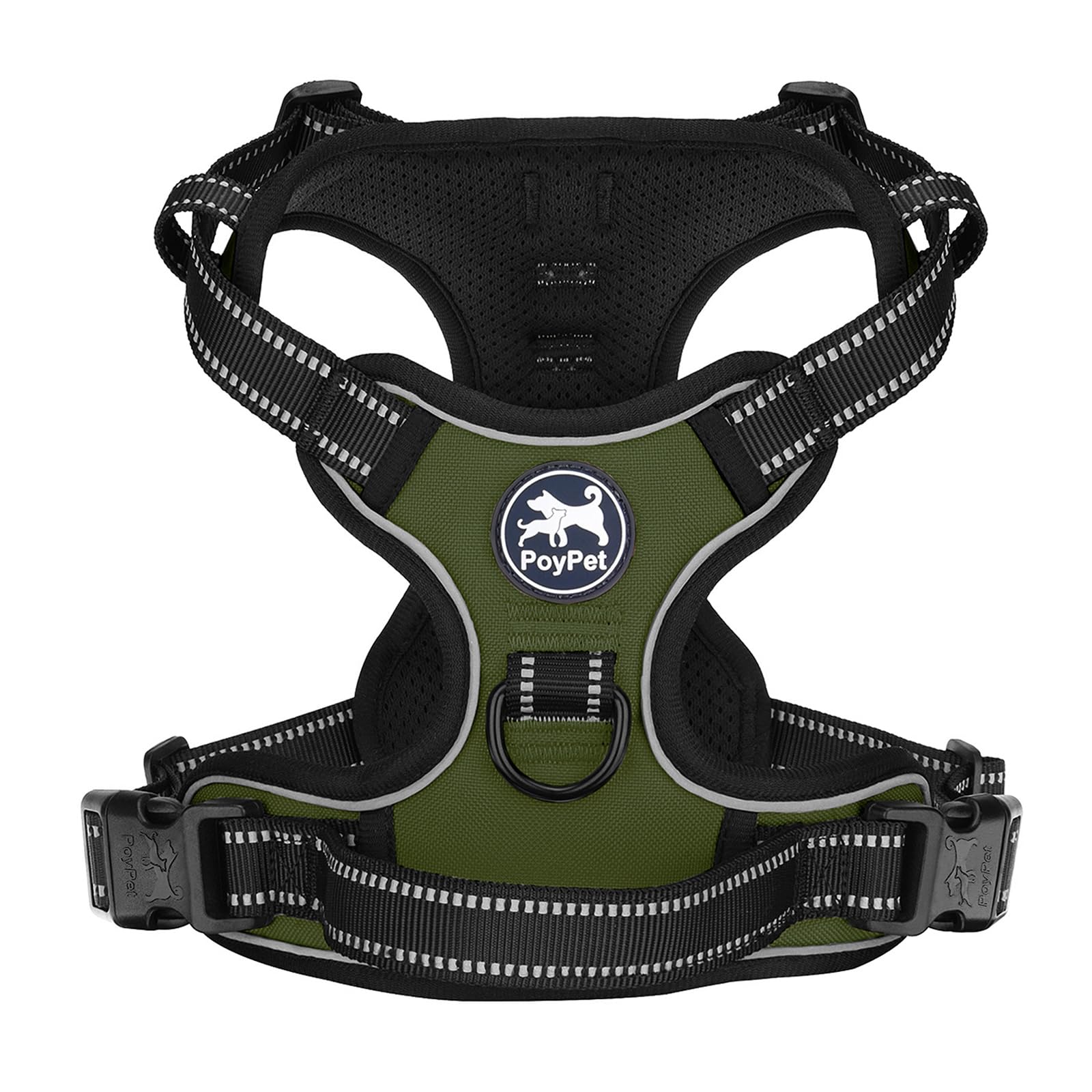 PoyPet No Pull Dog Harness, Reflective Vest Harness with 2 Leash Attachments and Easy Control Handle for Small Medium Large Dog(Army Green,S)