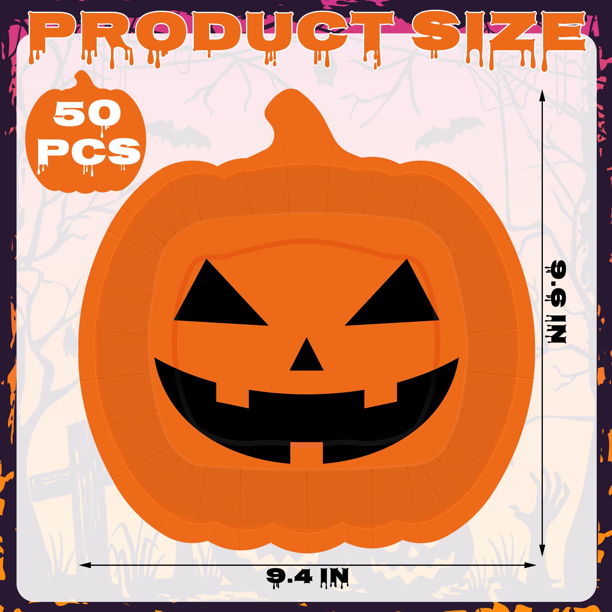 QZYL 50 PCS Halloween Plates, 9.6'' X 9.4'' Pumpkin Plates, Disposable Halloween Paper Plates, Orange Pumpkin Grimace Halloween Party Plates for Halloween Decorations Halloween Party Supplies