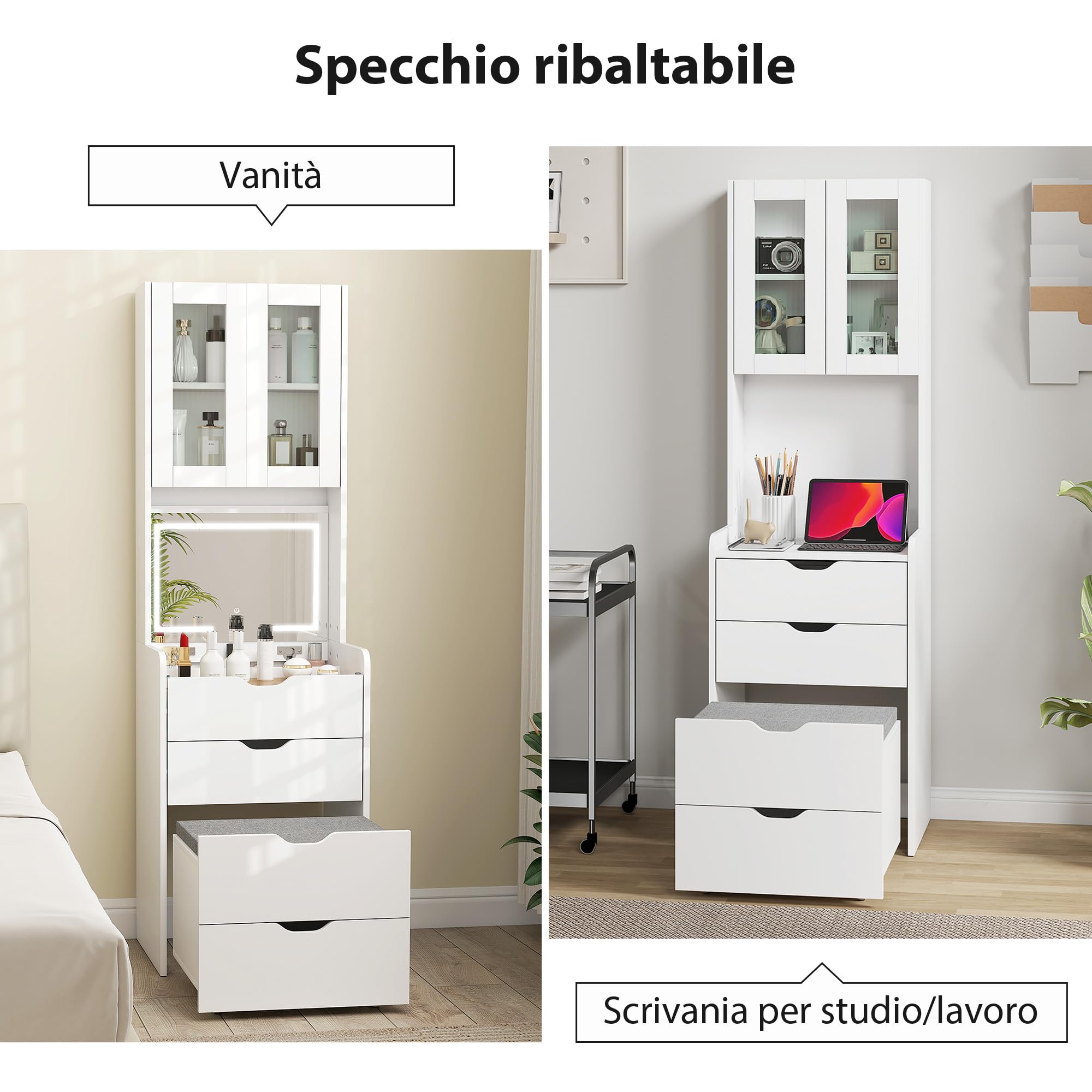 HOMCOM Postazione Trucco con Luci LED a 3 Colori, Specchio a Ribalta, Toeletta Trucco Moderna con Sgabello Imbottito a Scomparsa, 3 Cassetti, Armadietto con Ante in Vetro, Scomparto, Bianco