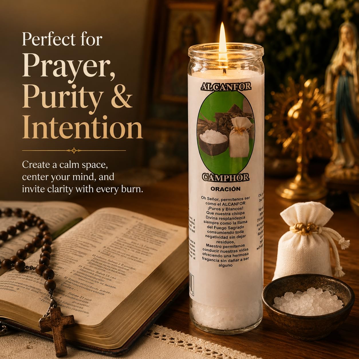 Velas devocionales aromáticas blancas de alcanfor / Alcanfor de 90 horas y 7 días, tarros de vidrio Veladoras, velas perfumadas blancas, novena de purificación espiritual, altar hispano
