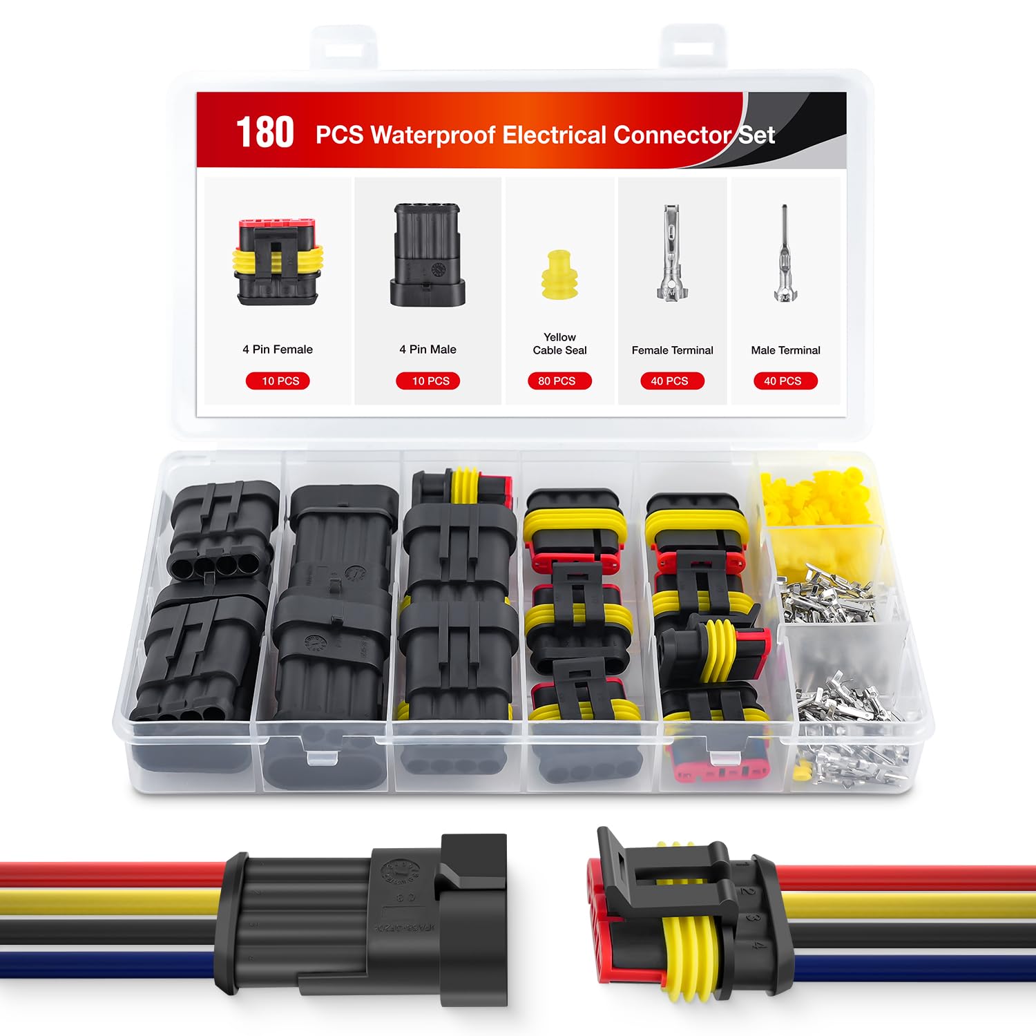 Nilight 180PCS 4 Pin Electrical Connector ‎Plug Male Female Terminal Wire Waterproof Connectors 4 Way Automotive Connect Set for Car Truck Motorcycle