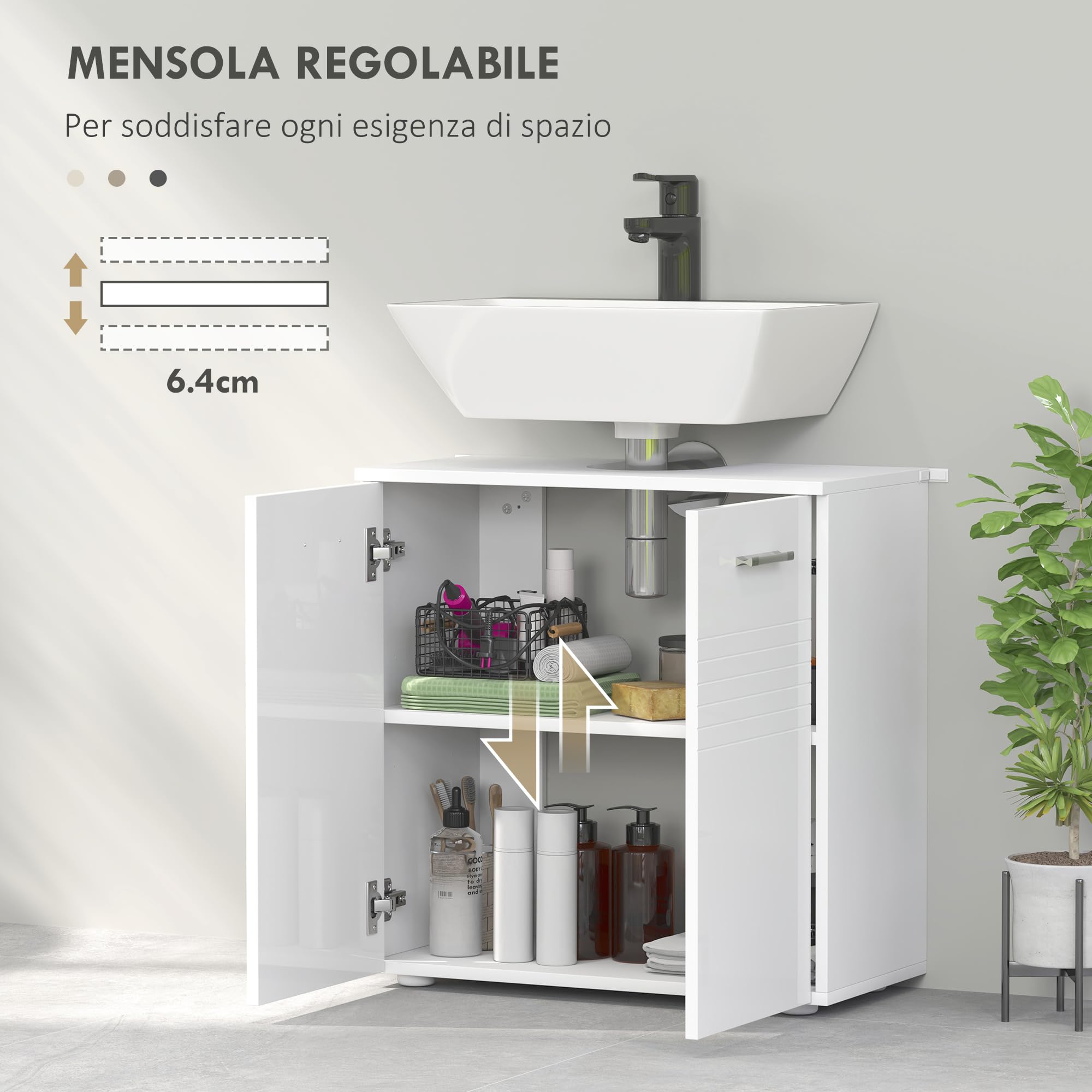 kleankin Mobile Sottolavabo per Bagno 2 Ante in Legno Bianco Lucido
