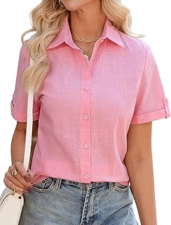 Blusa Elegante para Mujer Camisa 100% Algodón Mujer con Cuello en V Blusa Suelta Manga Corta Cardigan Mujer Verano Causal Informal con Botones Verano Oficina de Color Sólido Tops