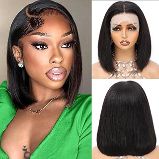 12 Inch Bob Human Hair Wig,Short 13x4 Lace Front Wigs for Women Human Hair,Straight 180% Density Transparent Lace Frontal Wig,Natural Black Brazilian Real Hair