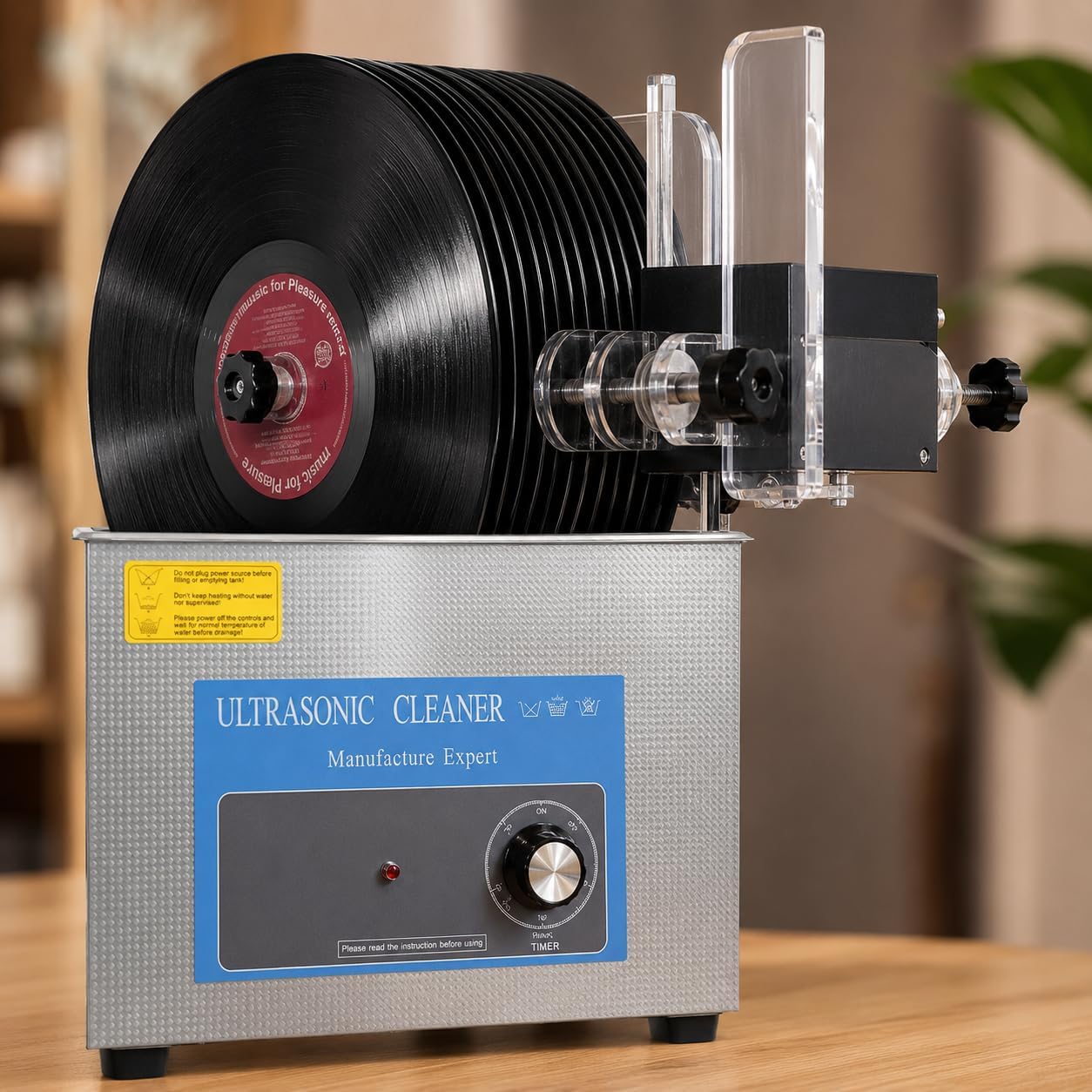 Máquina limpiadora ultrasónica de discos de vinilo, capacidad de 6 discos con temporizador de 0 a 20 minutos, cesta elevable y estante de secado
