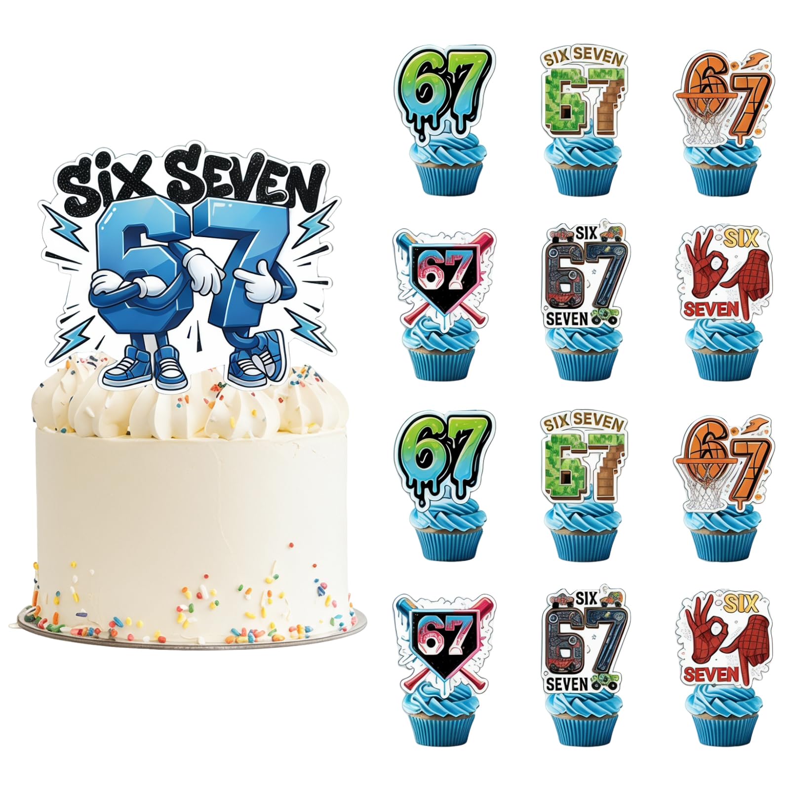 13PCS 6-7 Birthday Cake Toppers Decorations, 6-7 Happy Birthday Cupcake Flags for 6th 7th Party Supplies for Boys and Girls