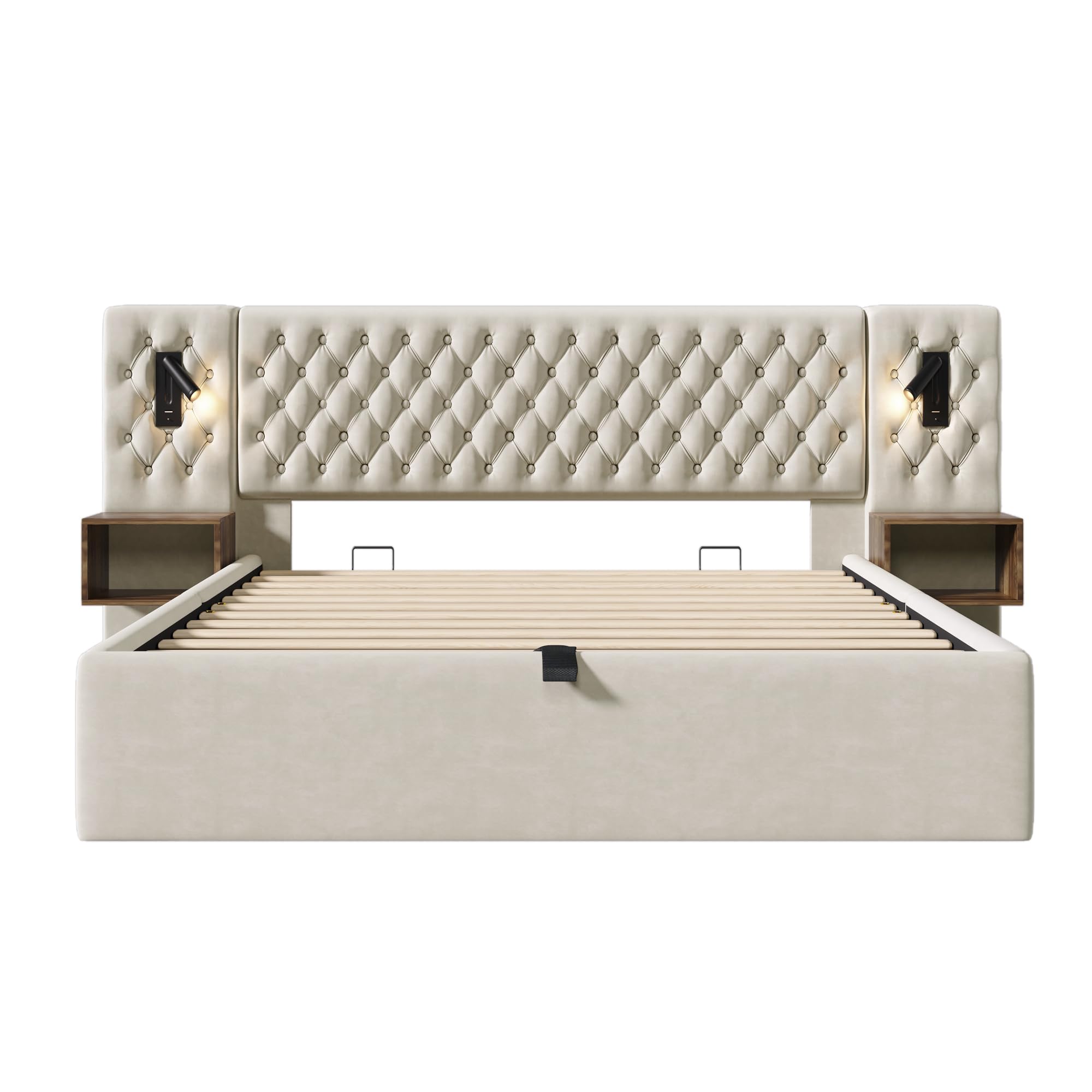 Juego completo de cama para dormitorio, cama tapizada hidráulica, cama doble de 180 x 200 cm, con 2 mesitas de noche, cabecero de luz de lectura con función de carga USB, 261 x 210 x 105 cm,