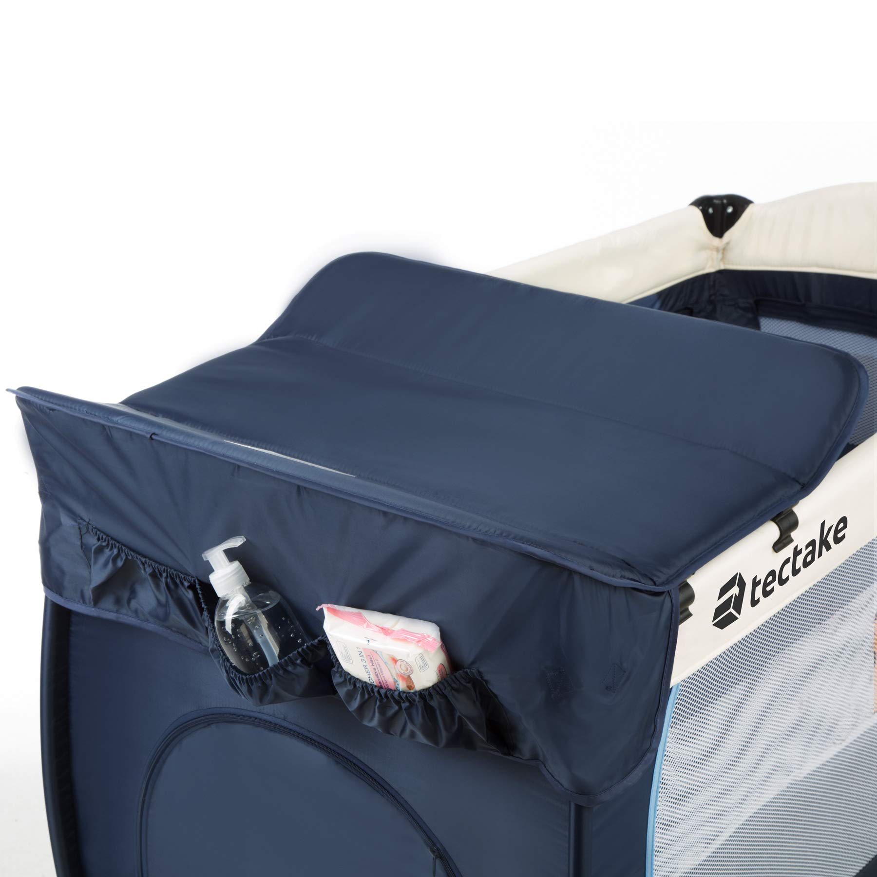 tectake® Cuna Bebe Plegable y Ajustable, Parque Infantil con Corralito y Bolsa de Transporte, Cama Infantil Portátil, Corral para Bebe - 132 x 75 x 104 cm Diseño Tigre Azul