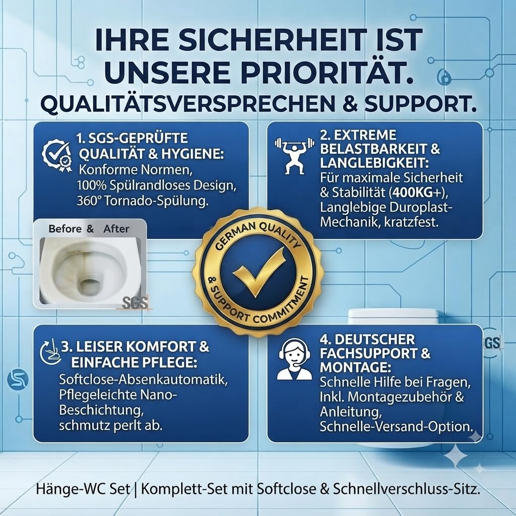 Spülrandloses Hänge-WC Wand-WC Set 53cm Tiefspüler mit Softclose-Sitz Weiß | Spülrandlose Wandtoilette inklusive Schallschutz und Tornado Spülung. Pflegeleichte Nano Beschichtung für das Gäste WC