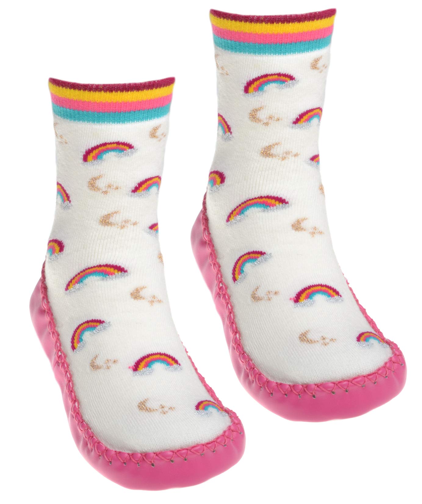 Wb Socks Girls Cream Rainbows Moccasins - Non Slip Shoe Socks
