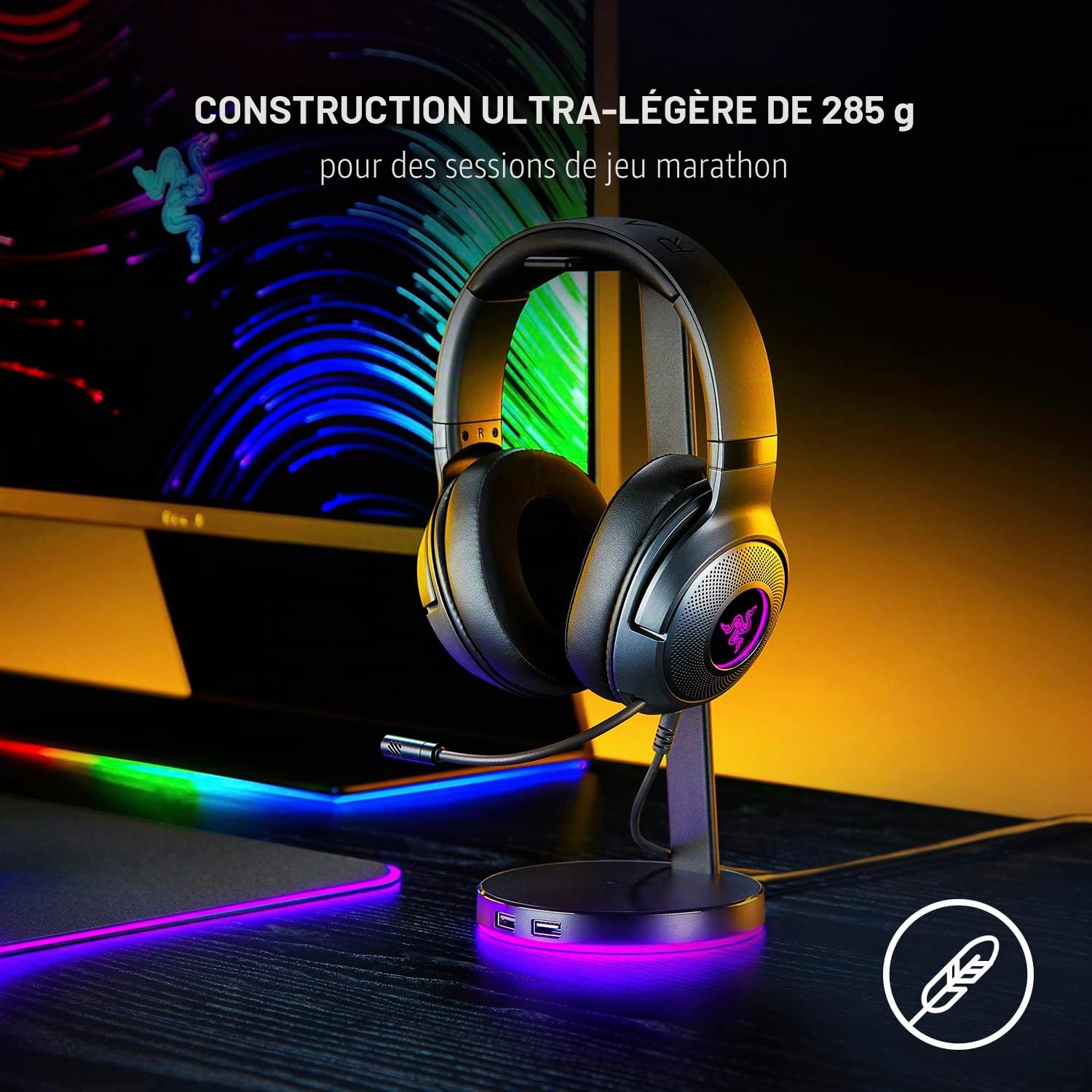 Razer Kraken V3 X Casque de jeu filaire USB : construction légère – Pilotes Triforce 40 mm – Micro cardioïde HyperClear – Son surround 7.1 – Éclairage RVB Chroma – Noir