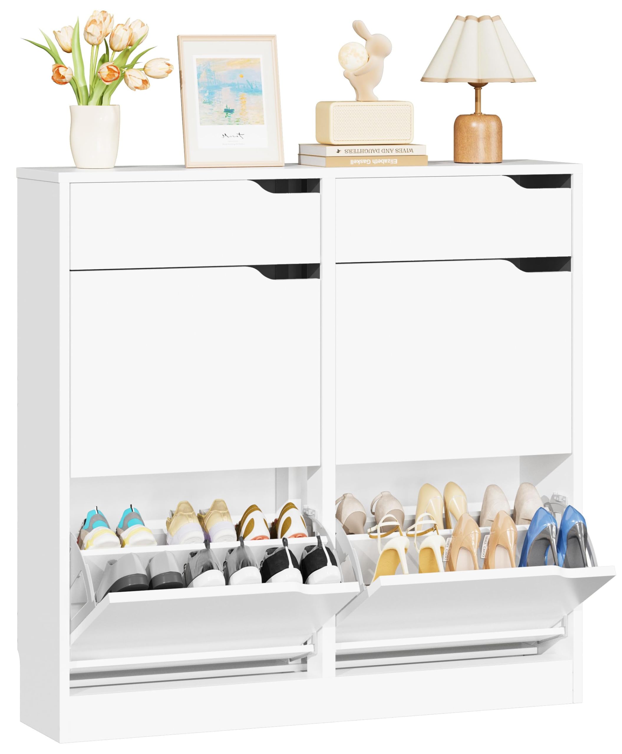 IRONCK Schuhschrank mit 4 Klappen, Schuhkipper Schmal mit 2 Schubladen, freistehendes Schuhregal, Schuhkommode mit verstellbaren Trennwände, Schuhablage Schrank für Flur Eingang und Wohnzimmer (Weiß)