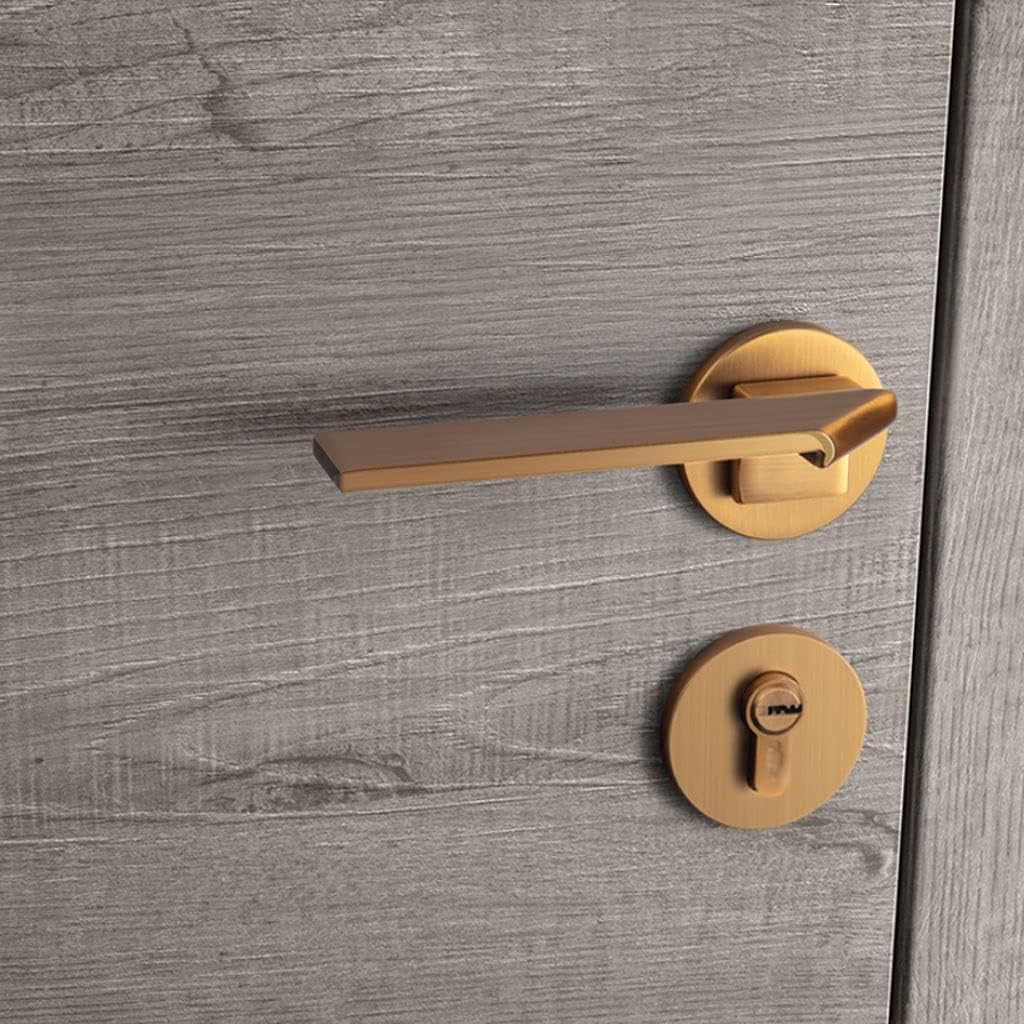 Door Knob Lever Yellow Ancient Wooden Door Lock with Magnetic Door Levers Door Handle with Key for Bedroom Or Bathroom Study Door Lock with Handle (Color : Yellow Bronze+2 Pack Hinge)