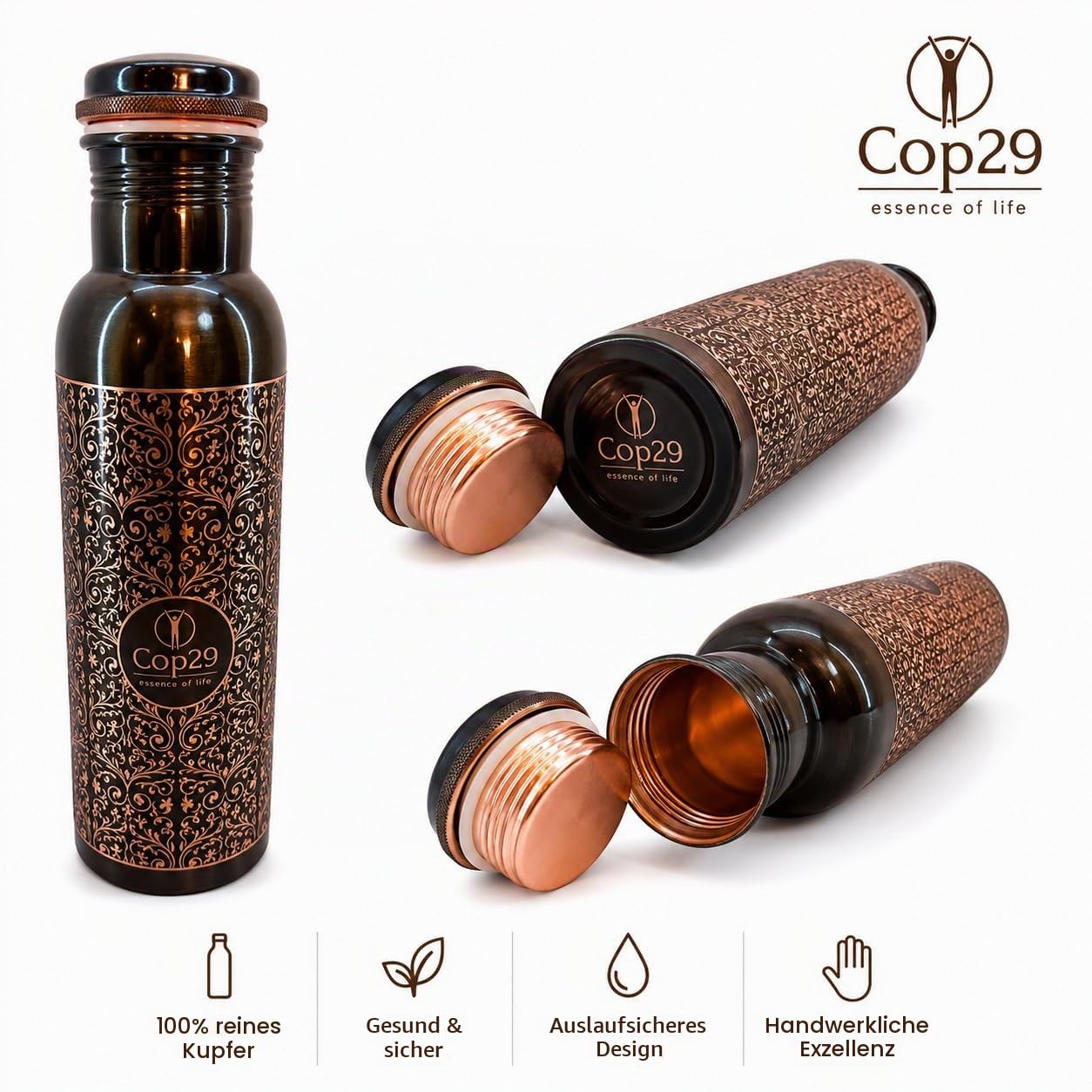 Cop29 handgefertigt graviert Premium Design reines Kupfer Tulpe antike Wasserflasche : Fugenfrei & Auslaufsicher -900ml/30oz
