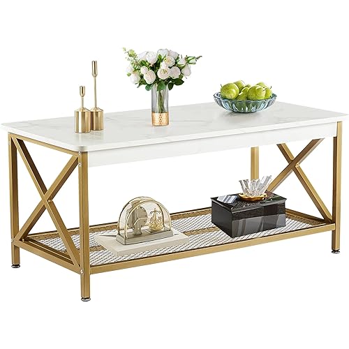 VECELO Coffee Table with Storage Shelf for Living Room,Industrial Style,Easy Assembly, Gold