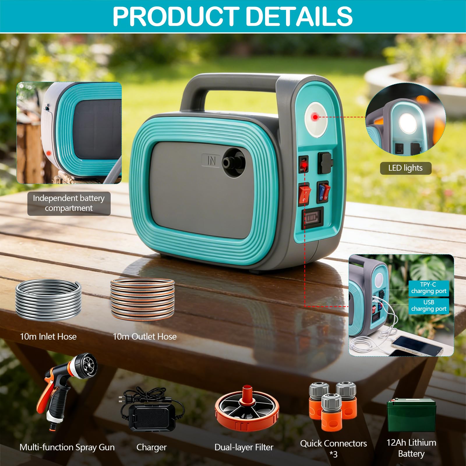Pompe à Eau Sans Fil 12000 mAh, Pompe Auto-Amorçante Portable (Hauteur de Refoulement 2,5 m), Pompe Électrique avec Éclairage LED et Fonction Power Bank, Inclut Tuyaux 10 m et Pistolet d'Arrosage