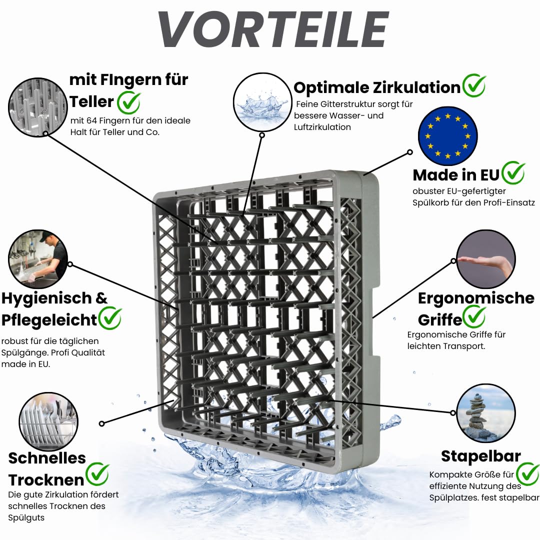 6-er Set Spülkorb für Teller & Tabletts 50x50 cm – Geschirrspülkorb für Gastro Spülmaschinen – Robuster Spülmaschinenkorb mit eingegossenen Stiften – Grobmaschiger Geschirrkorb aus Polypropylen