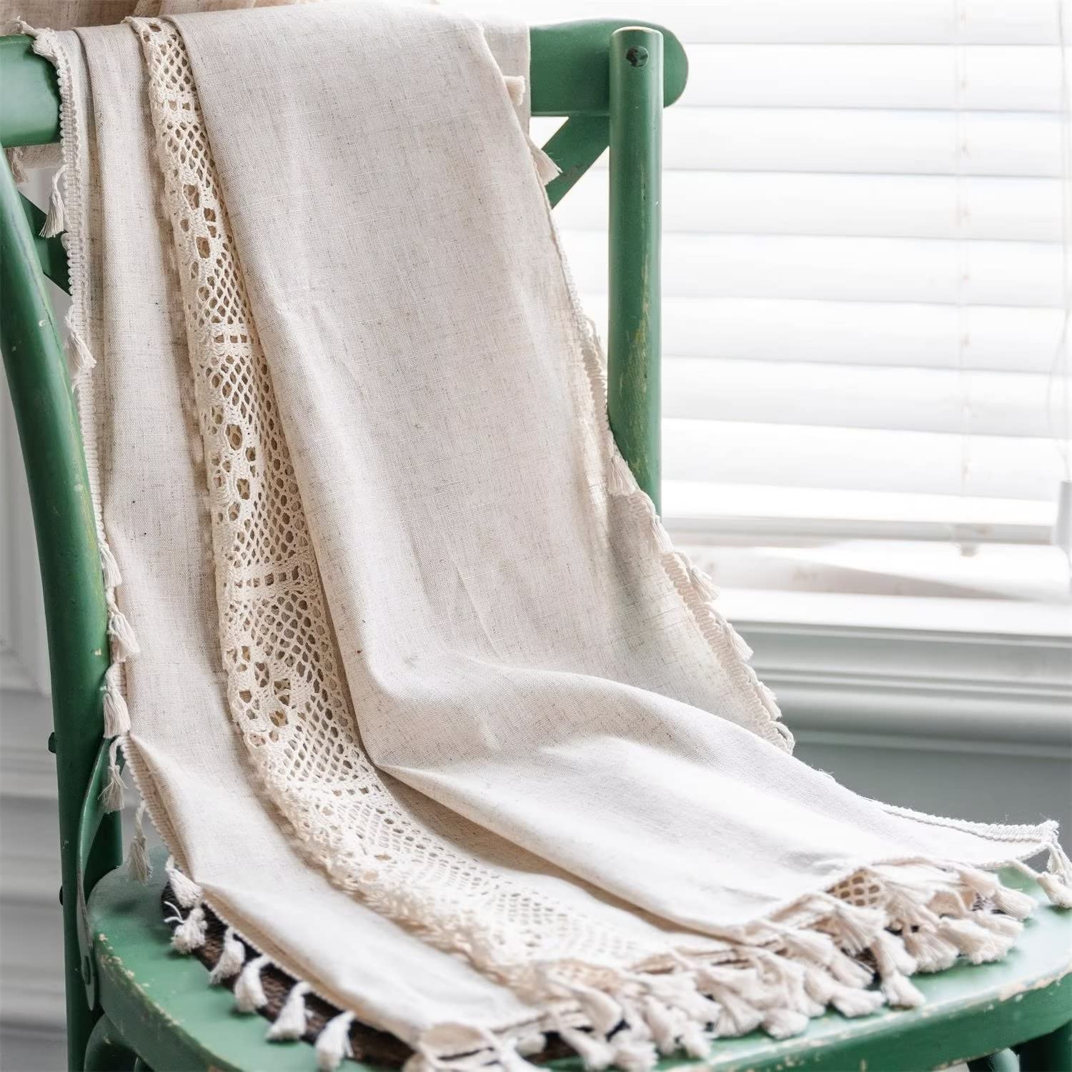 Vorhang Boho Leinen Vorhänge Beige Blickdicht Makramee Gardinen mit Quasten und Häkeln Stricken Vertikale Streifen Deko für Wohnzimmer Schlafzimmer Esszimmer, 1 Stück, B150xH175cm