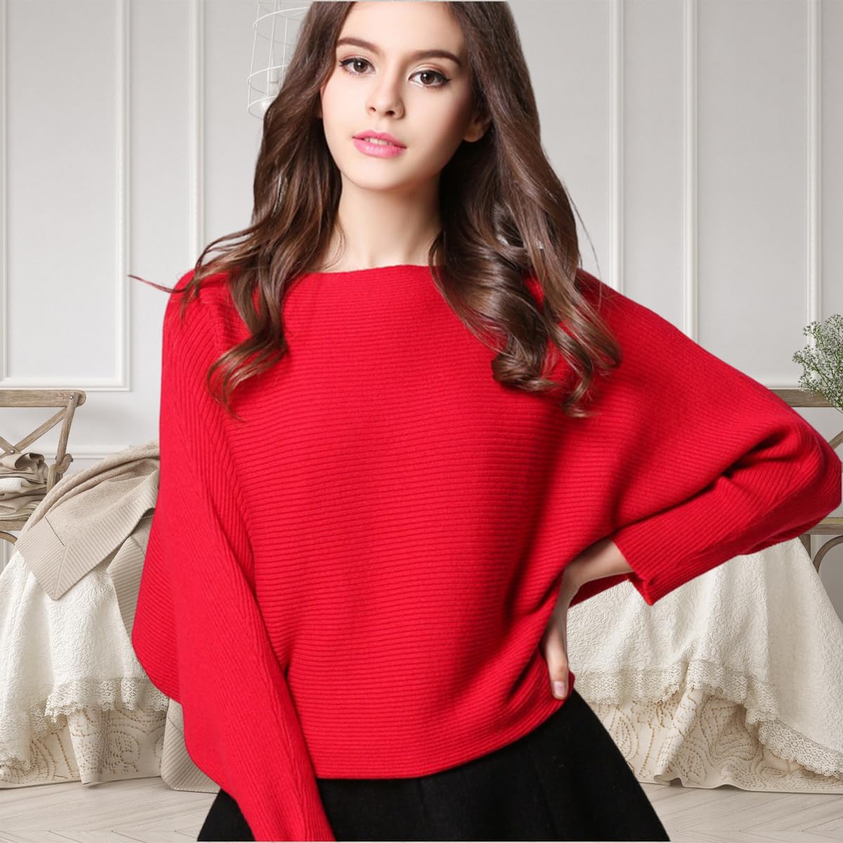 FULIER - Maglione Dolman da donna, con maniche a pipistrello e scollo a barchetta, lavorato a maglia, vestibilità ampia, taglia unica