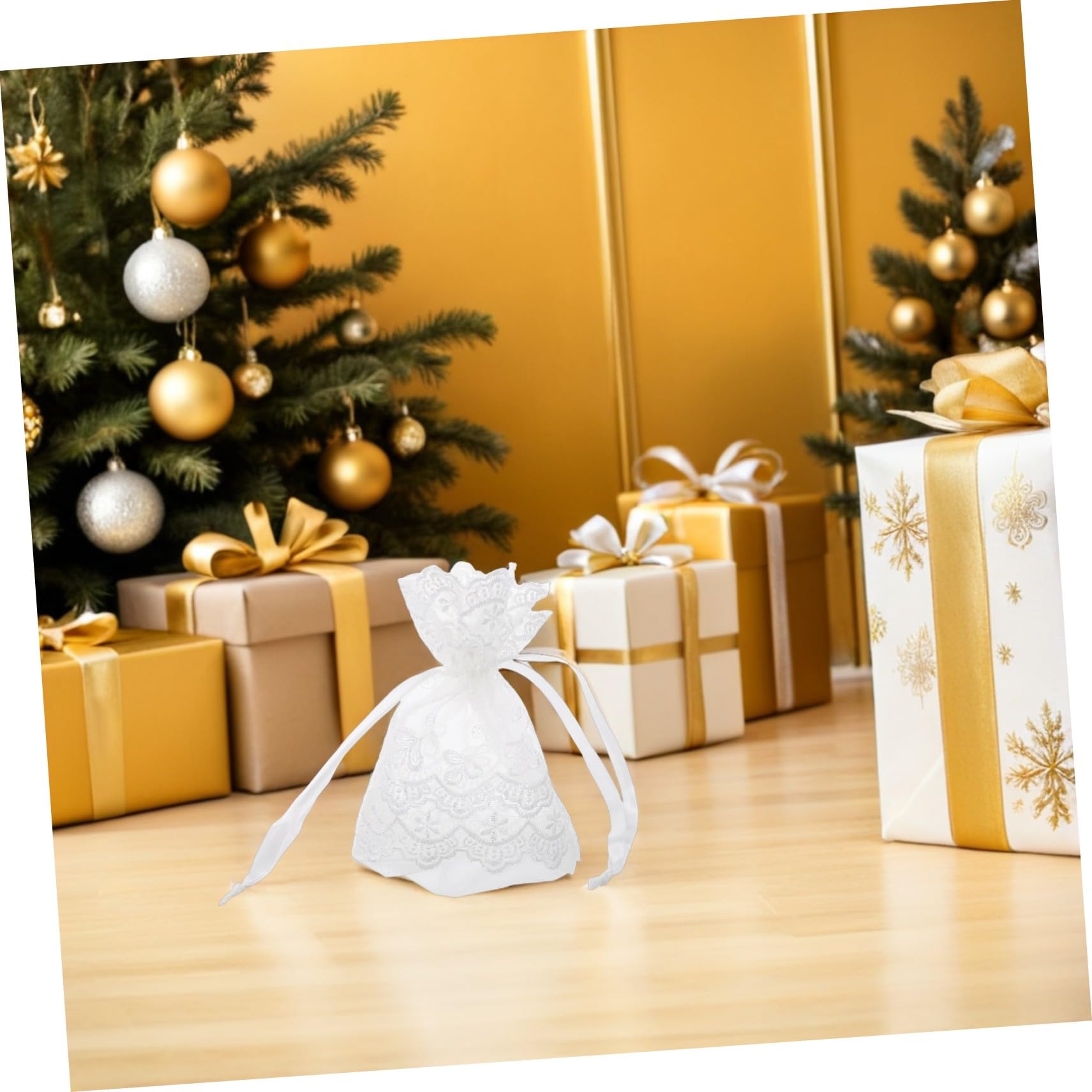 Cabilock Weiße Geschenkbeutel mit Kordelzug und Spitzenmuster 25 Stück | Polyester und Snow Yarn, für Party und Festival, Geeignet für Schreibwaren und Make Up