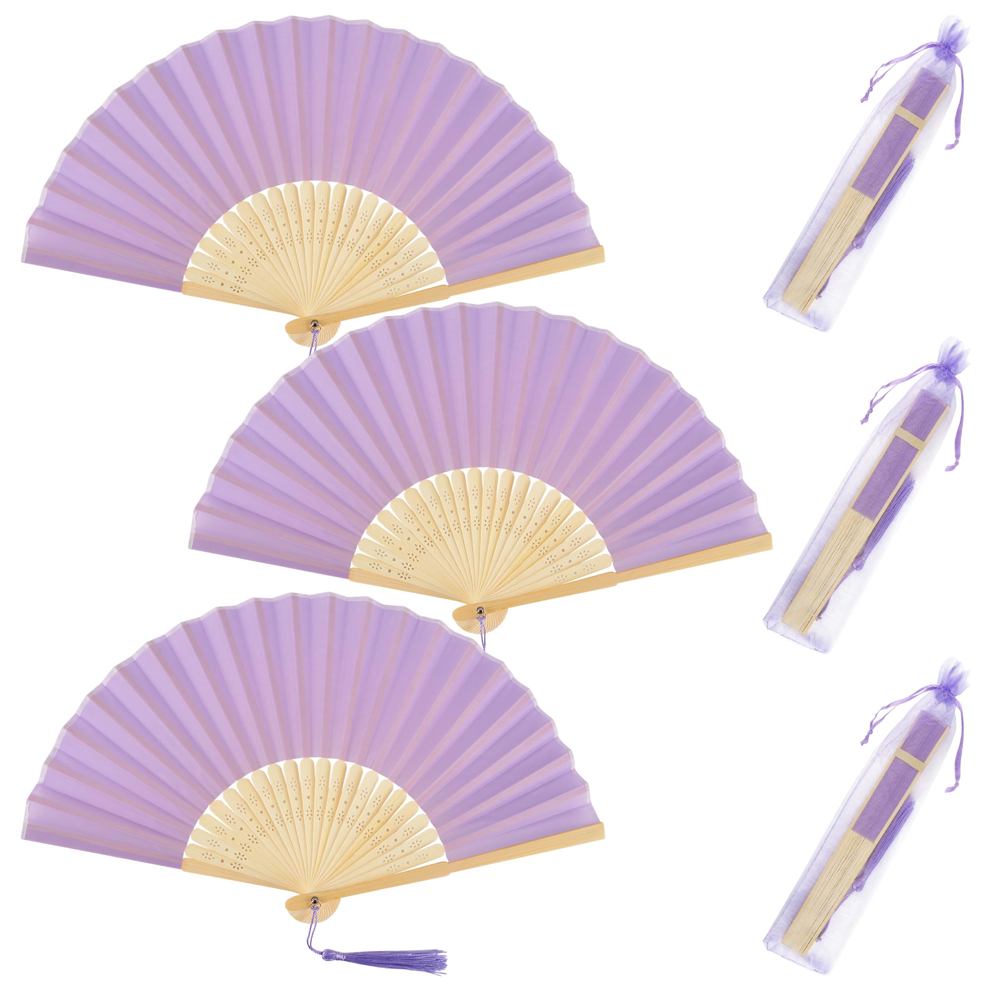 KEYIDO 3 Pack Hand Fan Folding Purple Handheld Fan Foldable Silk Fabric Hand fan Manual with Tassel for Weddings Wall Decoration Dancing