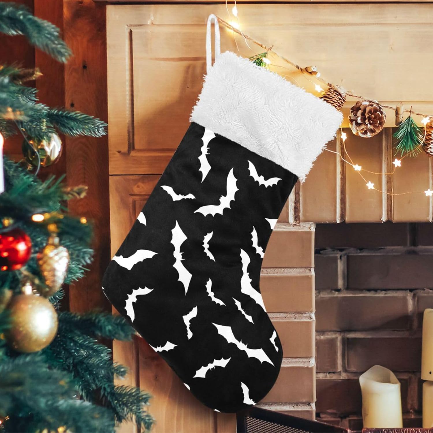 Mint Green Bat Silhouette Christmas Stocking with Plush Cuff