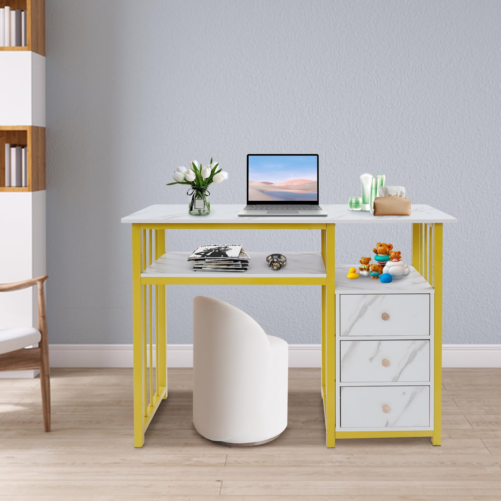 Scrivania con 3 cassetti, tavolo per manicure, struttura marmorizzata, scrivania per computer, soggiorno, 2 scaffali aperti, per uffici, saloni di bellezza, 100 x 40 x 76 cm