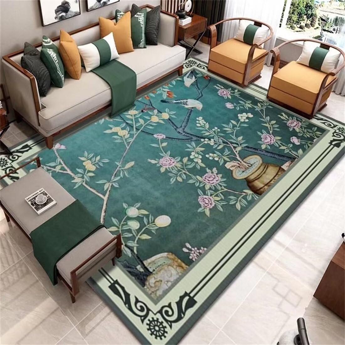 Tapis de maison résistant à l'usure style oriental vert floral 140x200