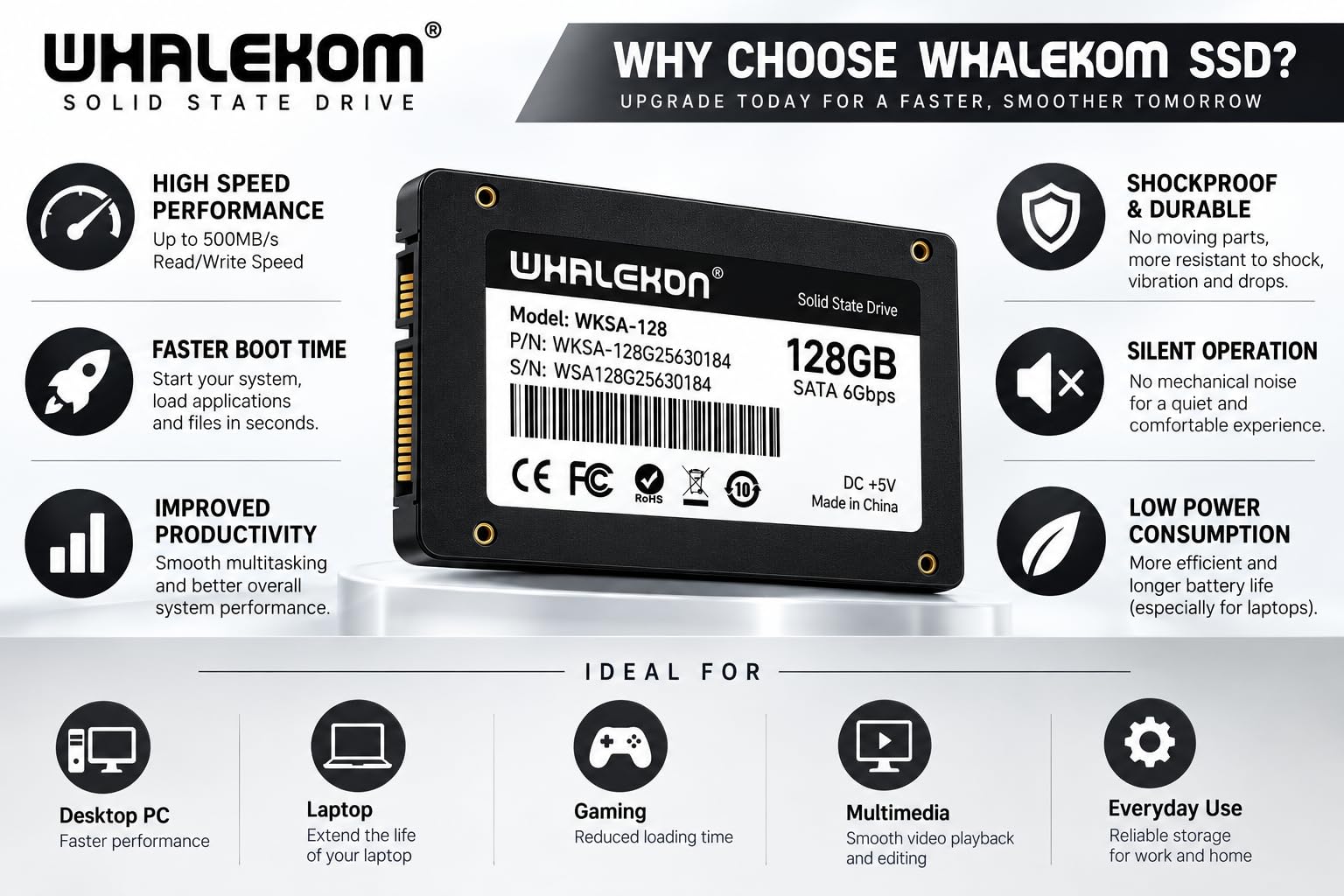 WHALEKOM - Unidad interna de estado sólido SSD de 128 GB SATA III de 2.5