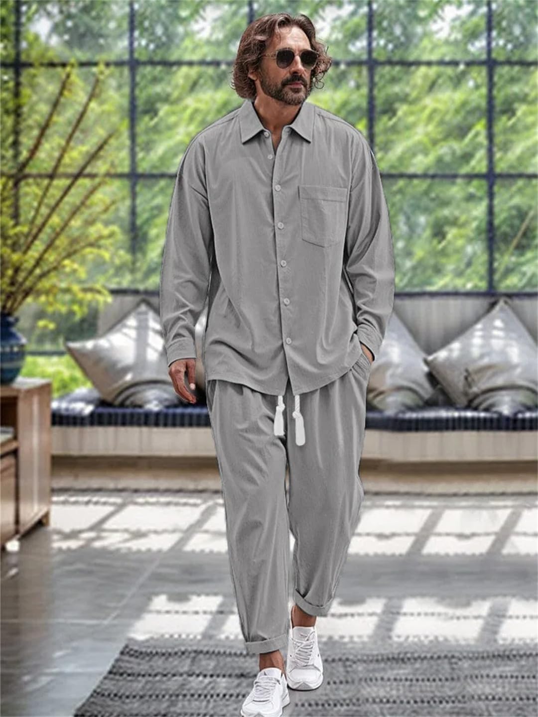 Men's Cotton Shirt Casual Loose Long-Sleeved Pants Two Sets