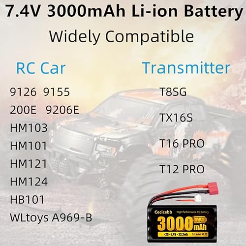 Miniatura 2 de Batería de iones de litio de 7.4 V 3000 mAh RC con enchufe T estilo Dean-XT30 Plug 2S recargable de alta capacidad para WLtoys 4WD Speed RC Cars la