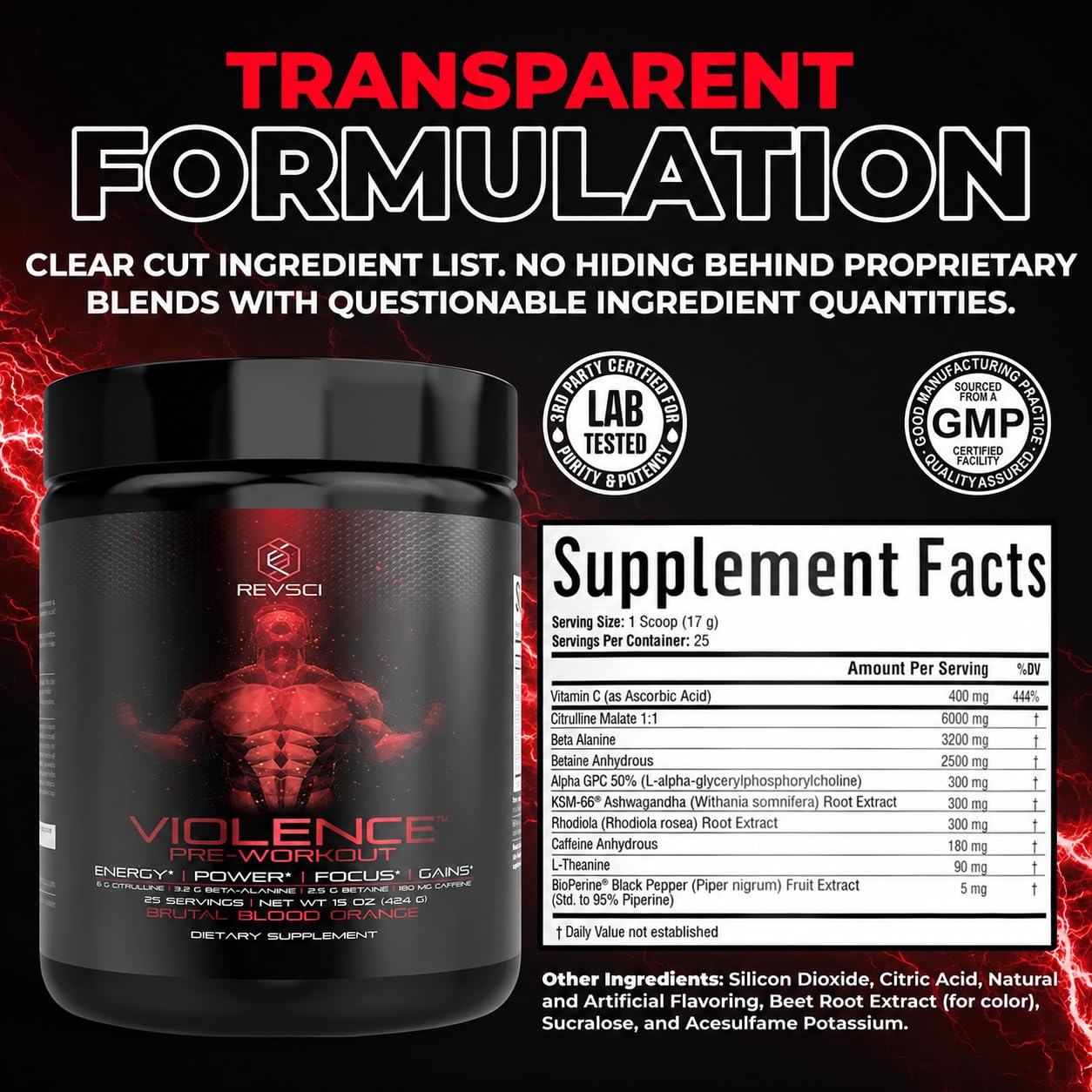 Violence Pre Workout Powder for Men & Women, Clinically Dosed Preworkout, 180 mg Caffeine + L-Theanine, L Citrulline Malate, Beta Alanine, Alpha GPC - 25 Servings, Blood Orange - Energy, Focus & Pump — Amazon image 5