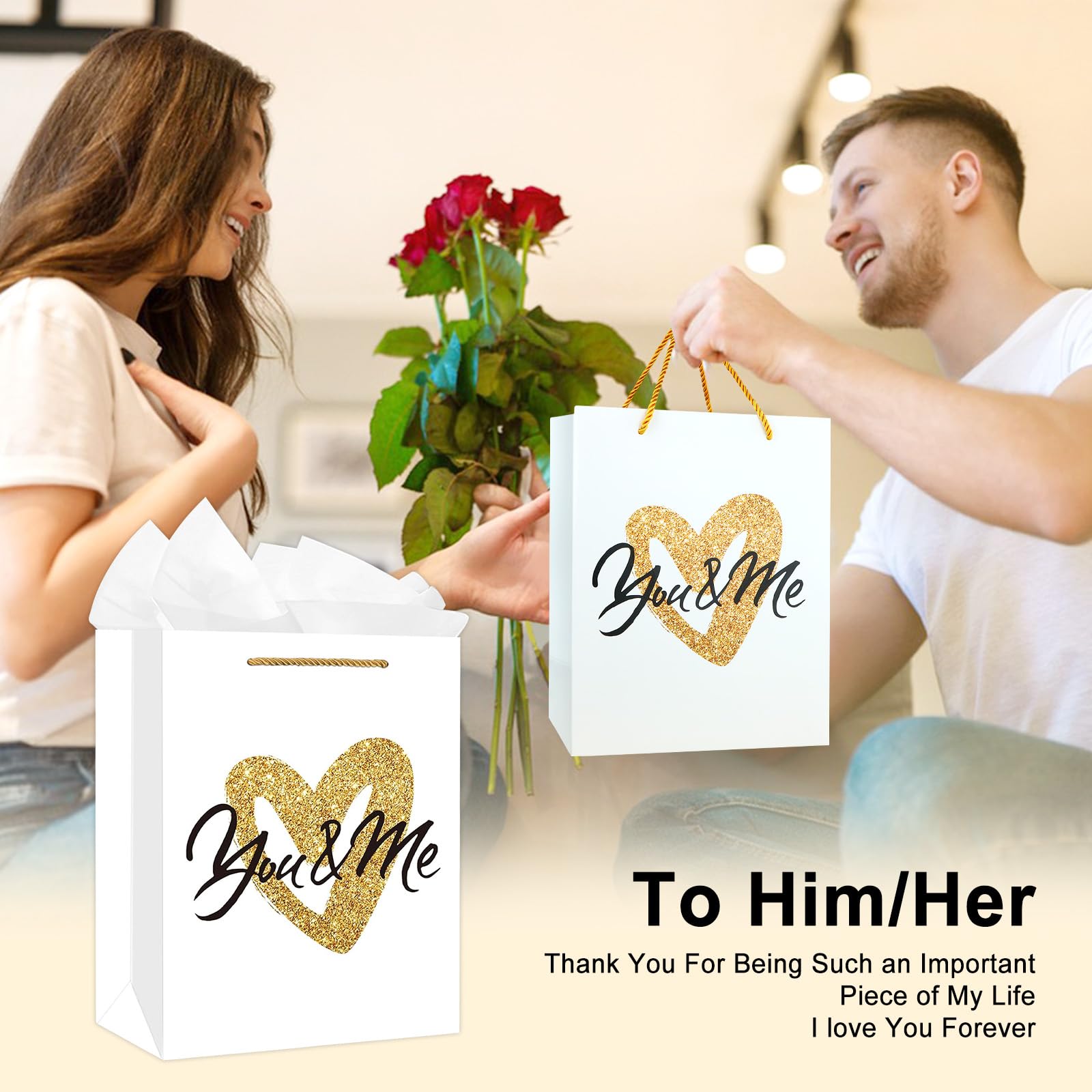 FLYAB Valentine's Day Gift Bag - Large Gift Bag With Tissue Paper Happy Valentine's Day With Handle Romantic Anniversary Wedding Gifts Bags For Her Him Girlfriend Boyfriend Wife Husband Women Men