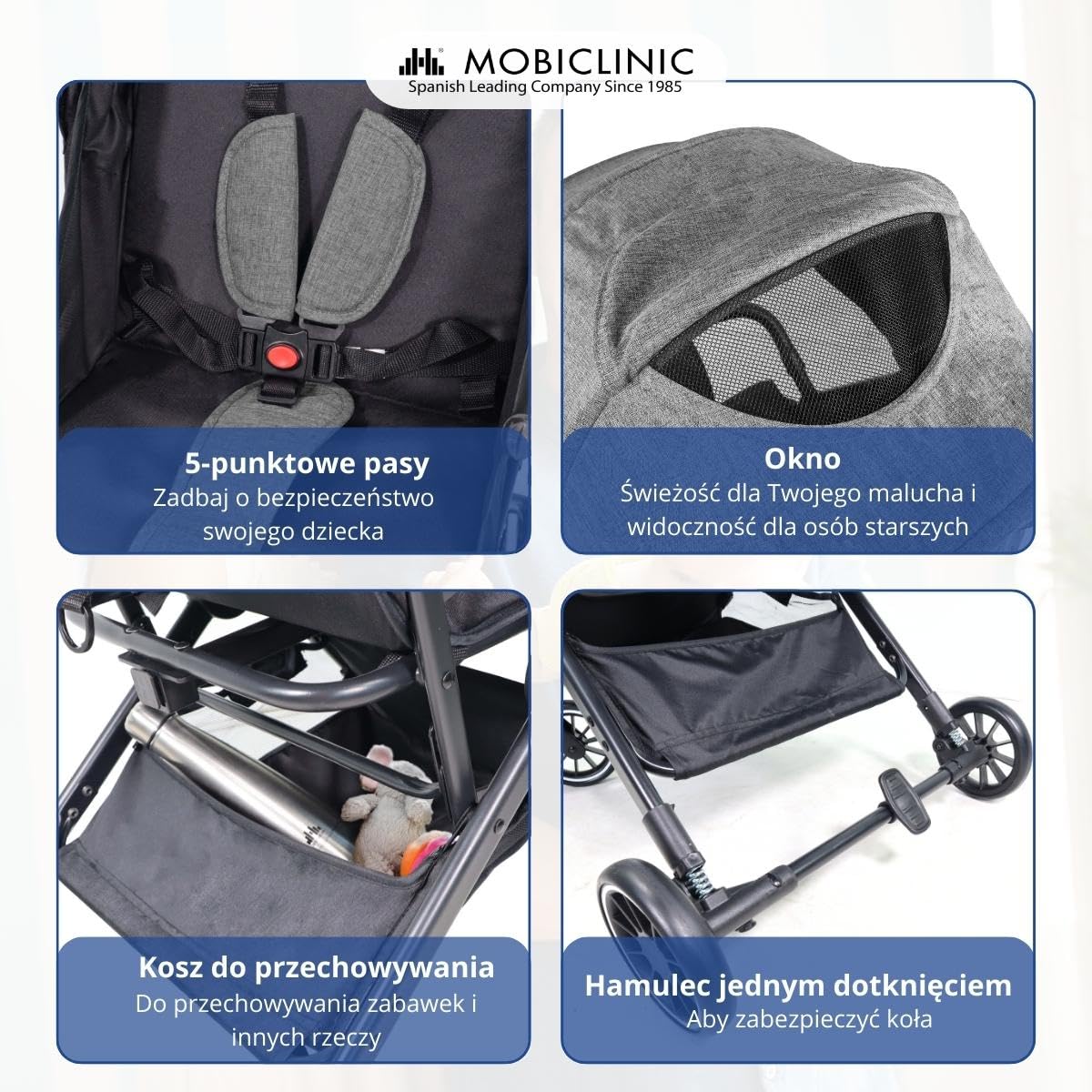 Mobiclinic® kids, Wózek spacerowy, Ultrakompaktowy, Trip, 5-punktowe pasy bezpieczeństwa, Pałąk do przenoszenia, Koszyk, 0-36 miesięcy, Pełna regulacja, Pojedyncza rączka, Składana maska