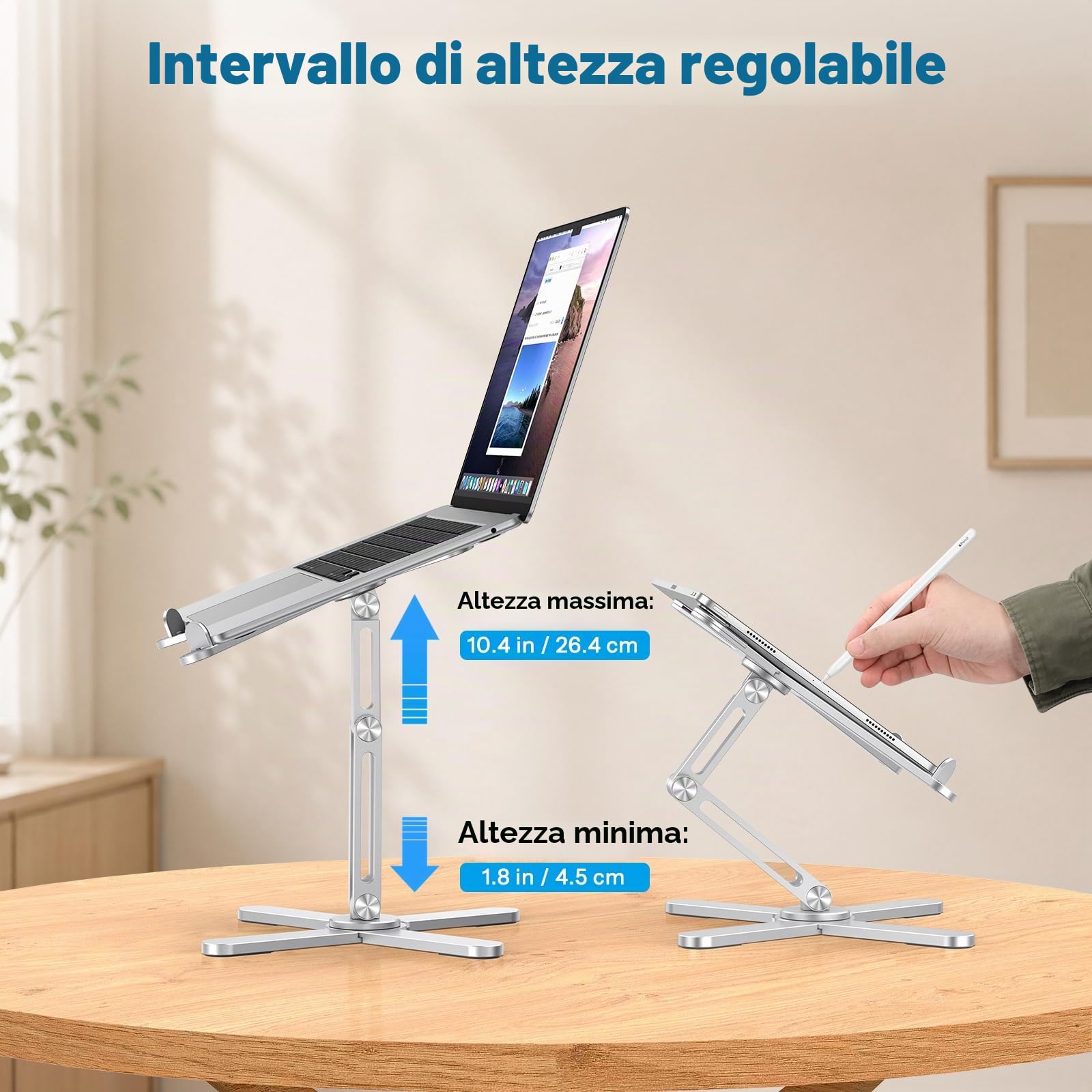 OMOTON Supporto pieghevole per computer portatile con base rotante a 360°, supporto ergonomico per laptop per lavoro collaborativo, adatto a tutti i laptop fino a 16", argento