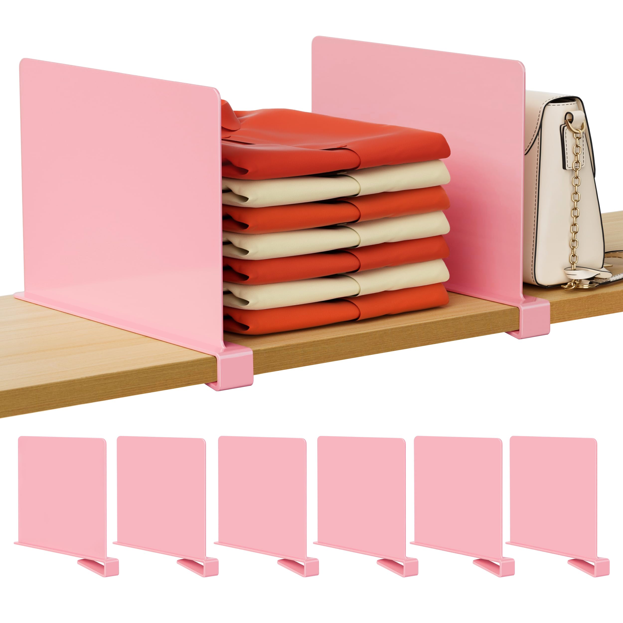 HBlife 6 Pack Closet Organizers and Storage, Pink Shelf Dividers, Vertical Purse Organizer for Closet Perfect for Sweater, Shirts, Handbags in Bedroom and Kitchen, Acrylic Bookshelf for Organization