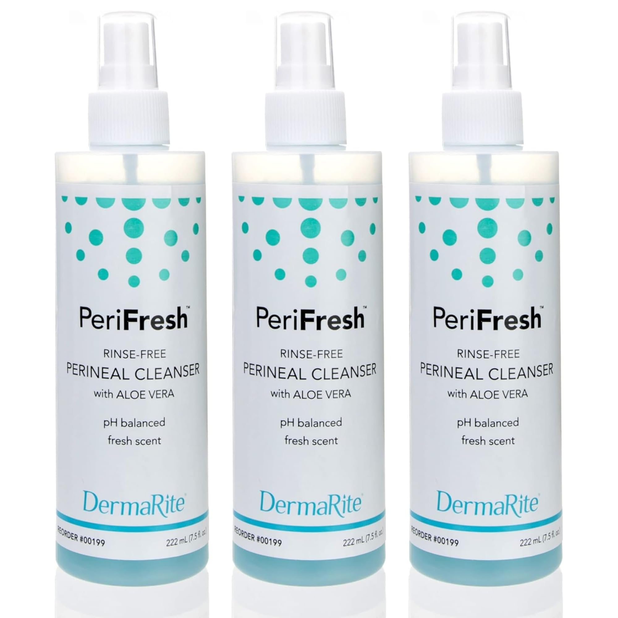 DermaRite PeriFresh No Rinse Perineal Cleanser Spray, 3 Pack - 7.5 oz Peri Bottle - Mild Formula with Aloe - for Incontinence Care, Postpartum - for Men and Women