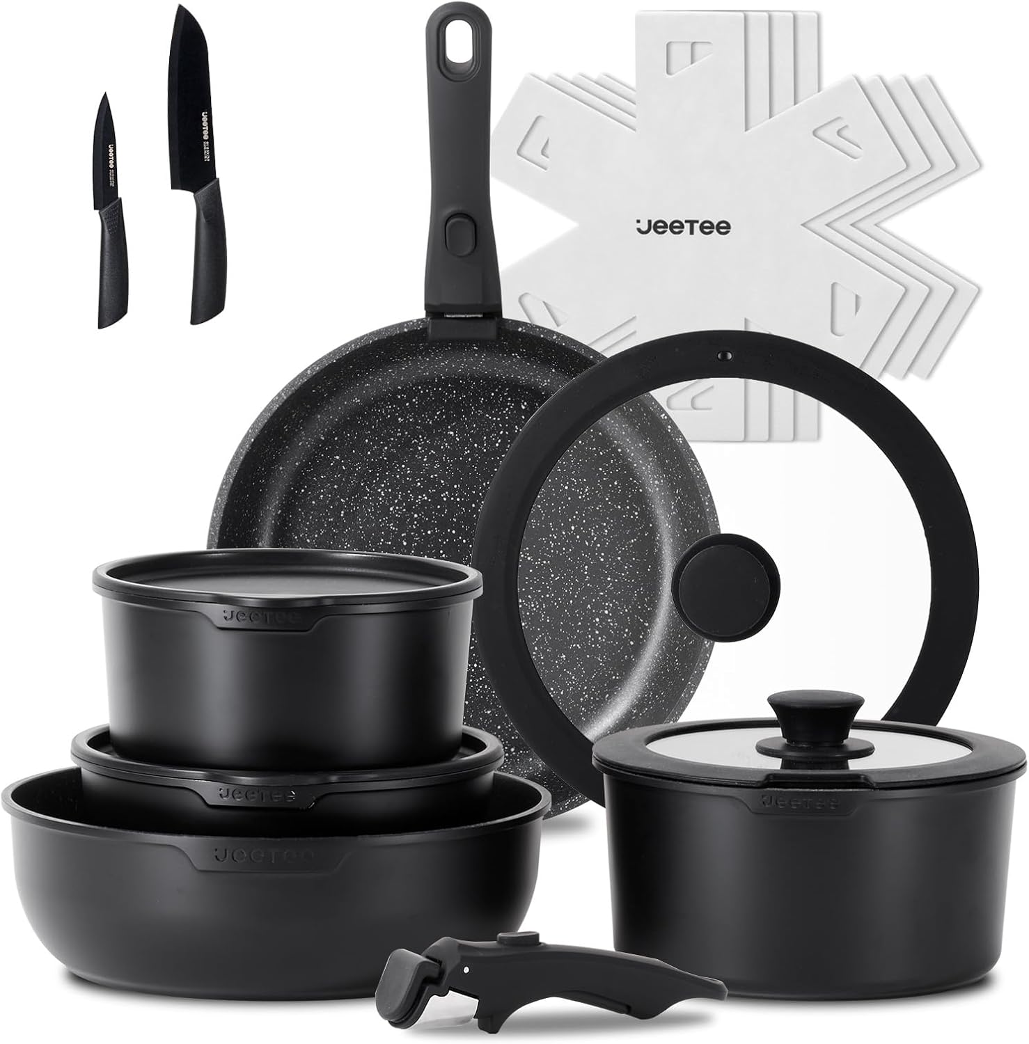 17pcs Pots and Pans Set Non Stick 17pcs, Kitchen Cookware Sets with Detachable Handle, Induction Nonstick Cookware Set with Removable Handle, Stackable RV Cookware, Oven Safe, PFAS/PFOA Free, Black