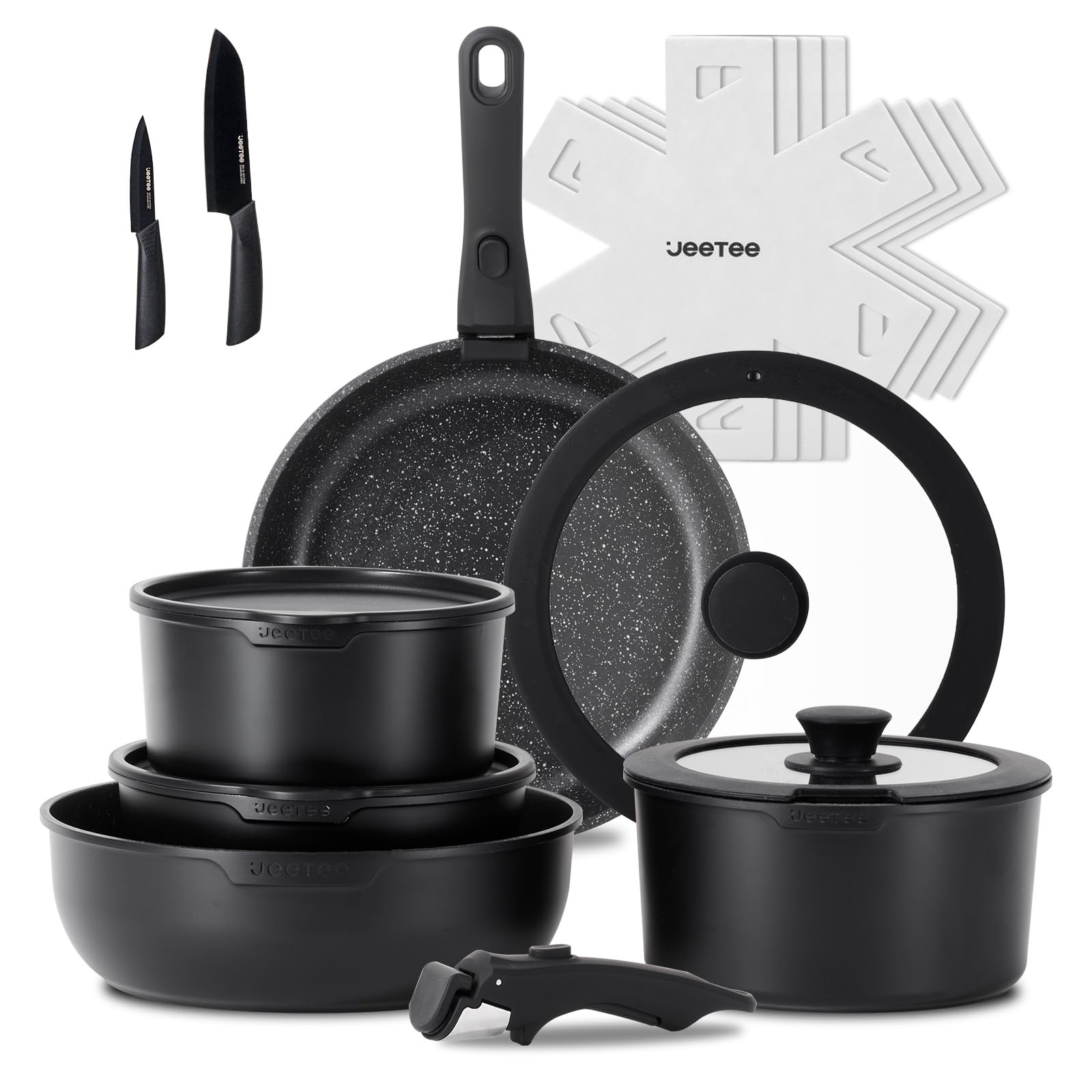 JEETEE Pots and Pans Set Non Stick 17pcs, Kitchen Cookware Sets with Detachable Handle, Induction Nonstick Cookware Set with Removable Handle, Stackable RV Cookware, Oven Safe, PFAS/PFOA Free, Black