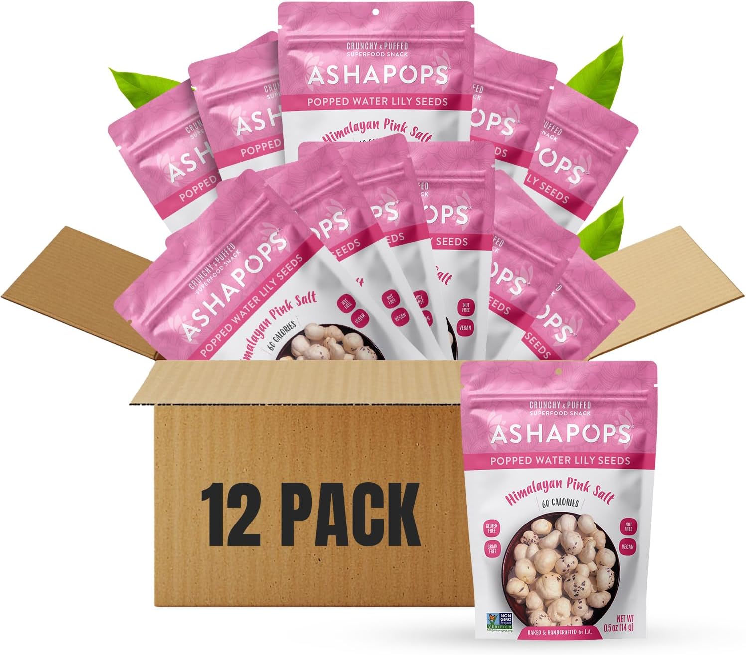 AshaPops Himalayan Pink Salt Flavored Popped Water Lily Seeds, 0.5 oz (Pack of 12) - Gluten-Free, Vegan, Paleo, Nut-Free, Corn-Free, Soy-Free, Non-GMO, Delicious Plant-Based Crunchy Snack