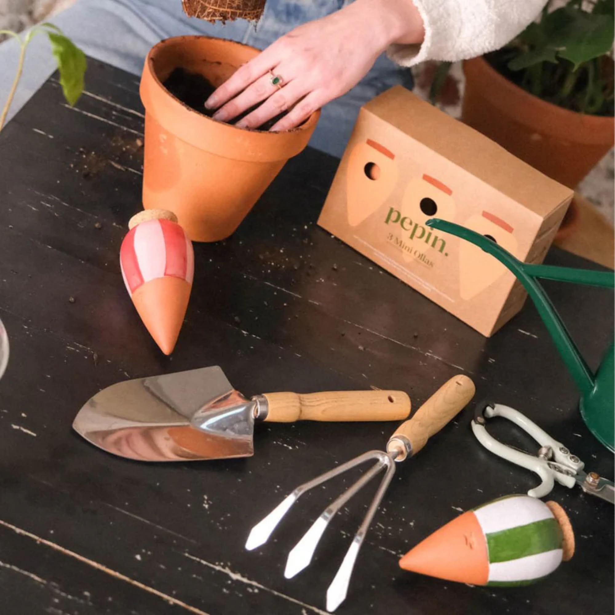 Pepin | 3X Mini Ollas Rayés | Oyas A Planter Terre Cuite | Arrosage Automatique et Ecologique pour Plante d'Intérieur et d'Extérieur | Système d'Irrigation Naturel | Mini Oyas Terracotta - 12cl