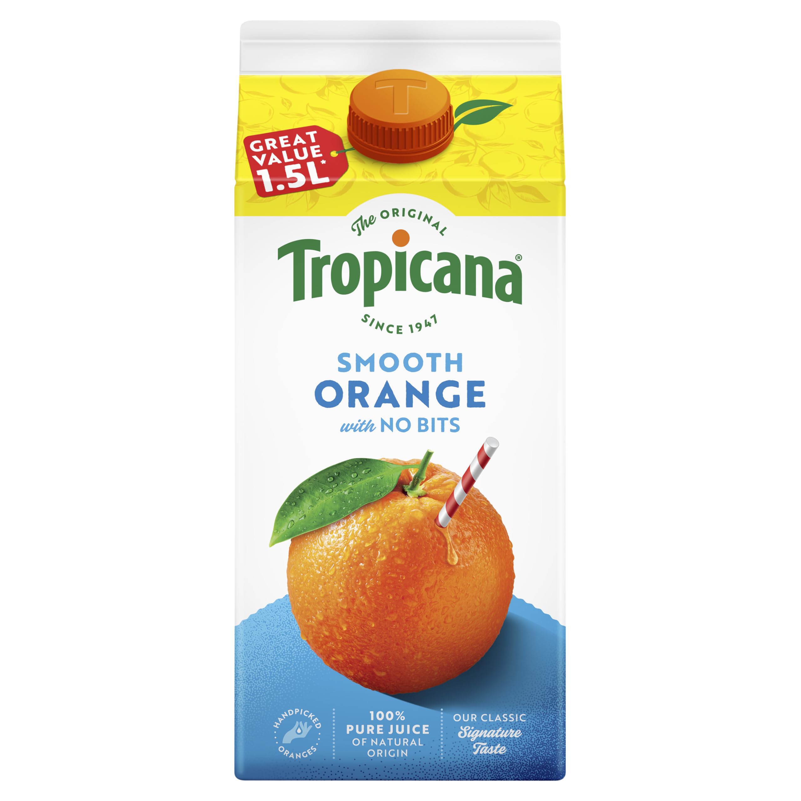 Tropicana - Smooth Orange Fruit Juice - Award Winning 100% Pressed Pure Orange Juice, No Added Sugar, with Vitamin C - Squeezed, Hand Picked - Breakfast Drinks - 1.5L