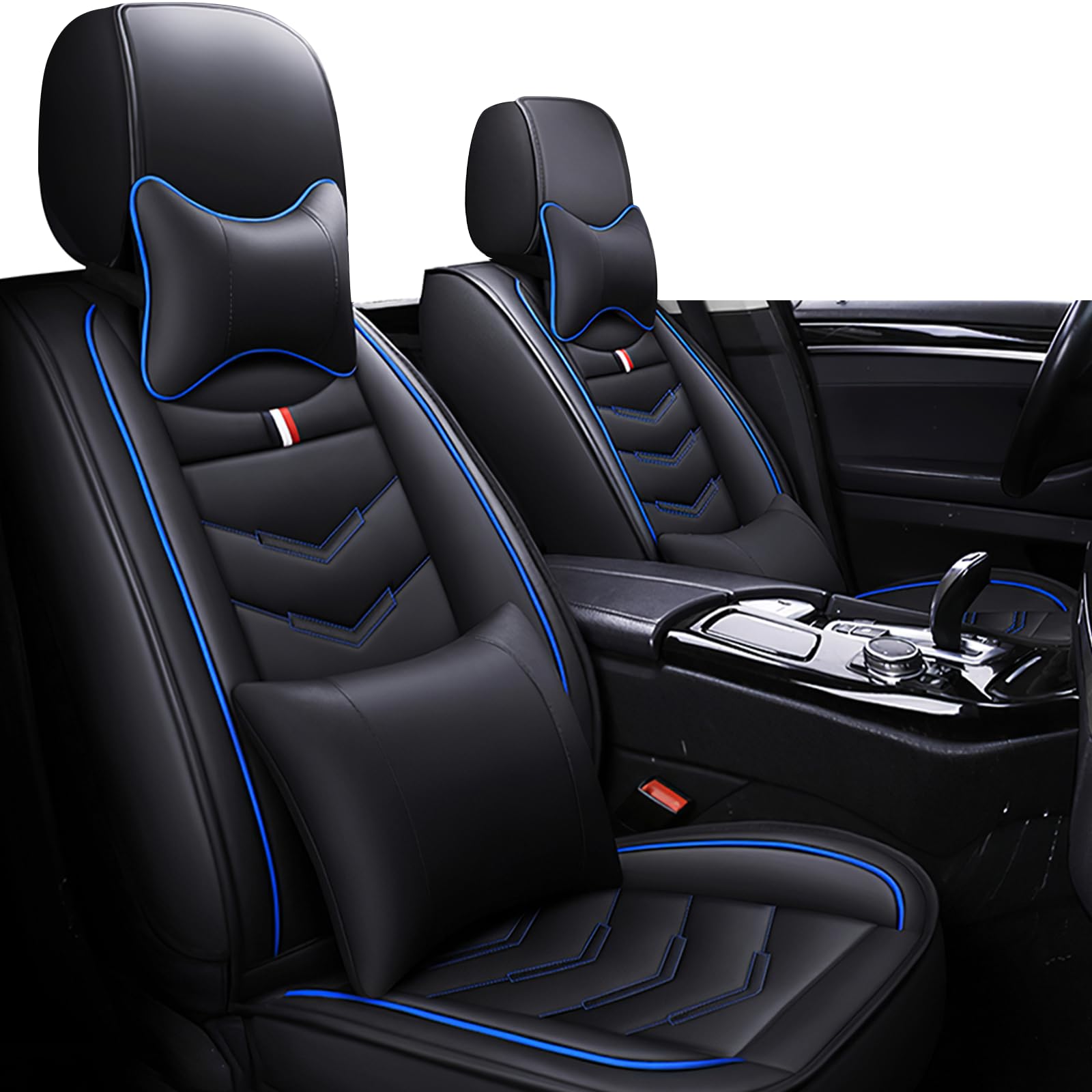 Car Seat Covers Fit for KIA Soul 2010-2025, Leather Seat Covers for Car, Waterproof Non-Slip Durable Car Seat Protector(2 Seats with Pillow,Black Blue)