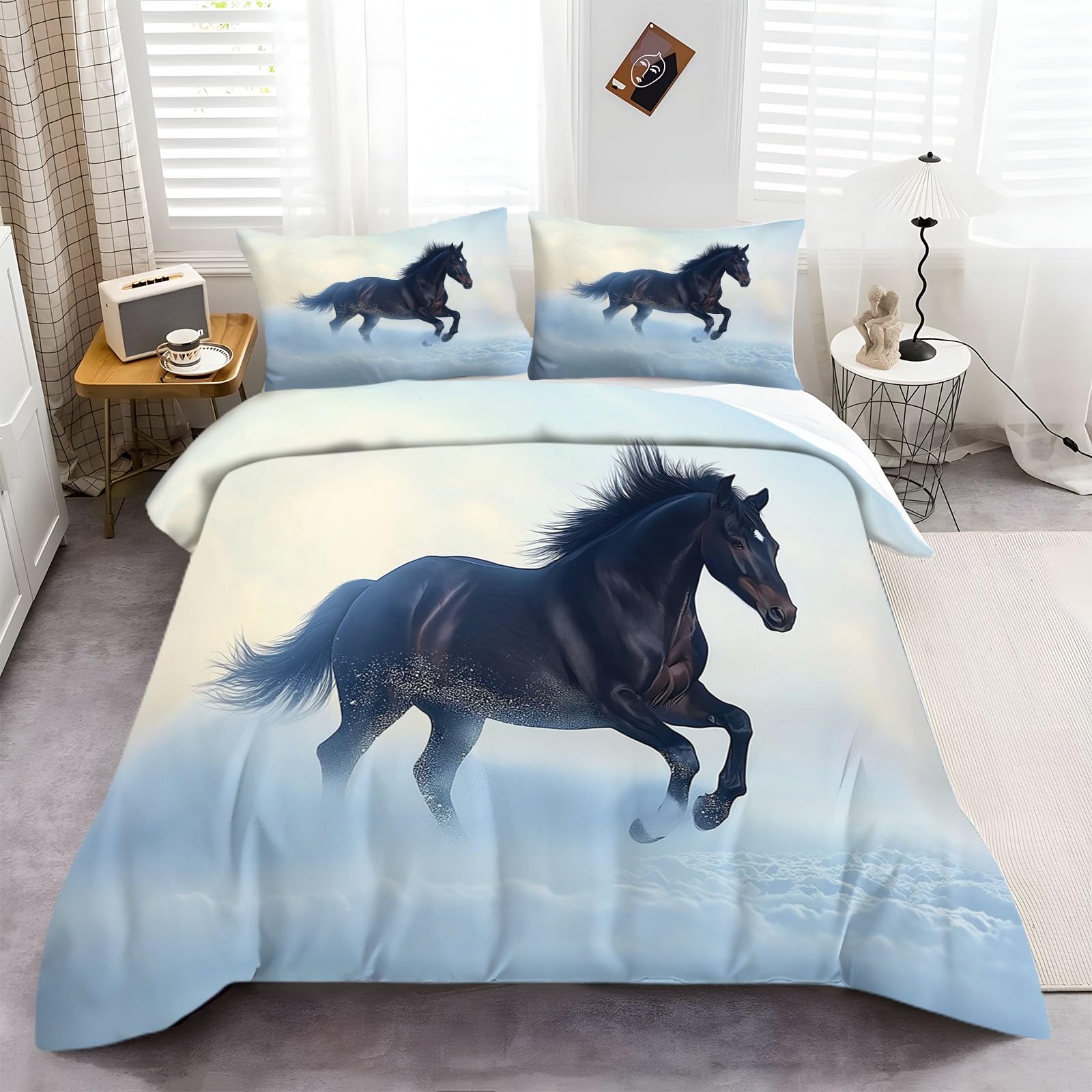 Funda Nordica Infantil para Cama 90 Caballo Oscuro En La Nieve Funda 150x200 cm y 2 Fundas de Almohada de 50x75 cm Suave Juego de Ropa de Cama 50% Poliéster y 50 Algodón