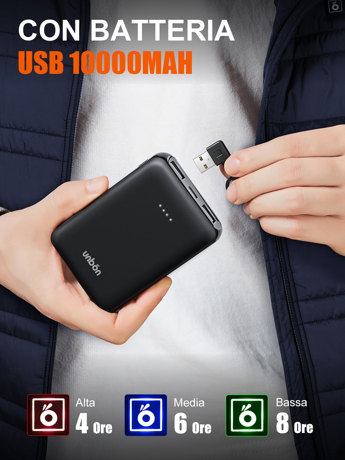 UNBON Gilet Riscaldato Uomo, Giubbotto Riscaldato Uomo con Batteria USB 10000mAh, Gilet Riscaldante Termico 3 Temperature 6 Zone di Calore, Giubbotto Riscaldante Invernale per Moto Caccia