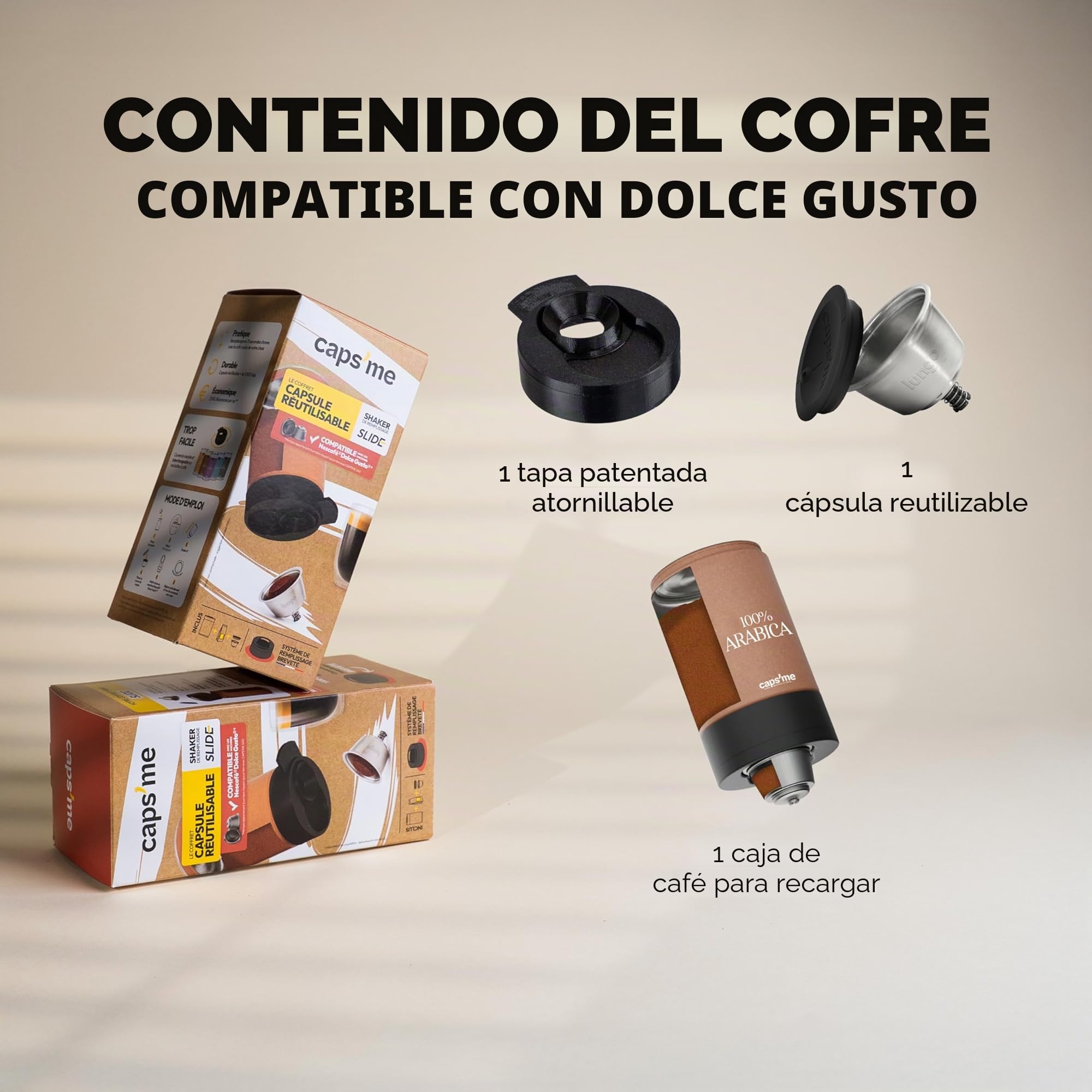 CAPS ME - Kit de cápsula recargable compatible con Nescafé Dolce Gusto (1 Agitador + 1 Dosificador reutilizable de acero inoxidable con extractor de cápsulas integrado) - Económico y ecológico Fácil