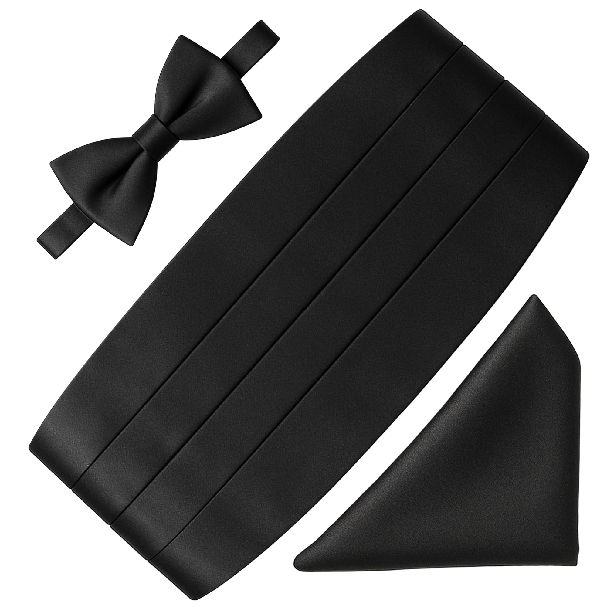 Men's Satin Cummerband, Bow Tie and Pocket Square Set (Black).