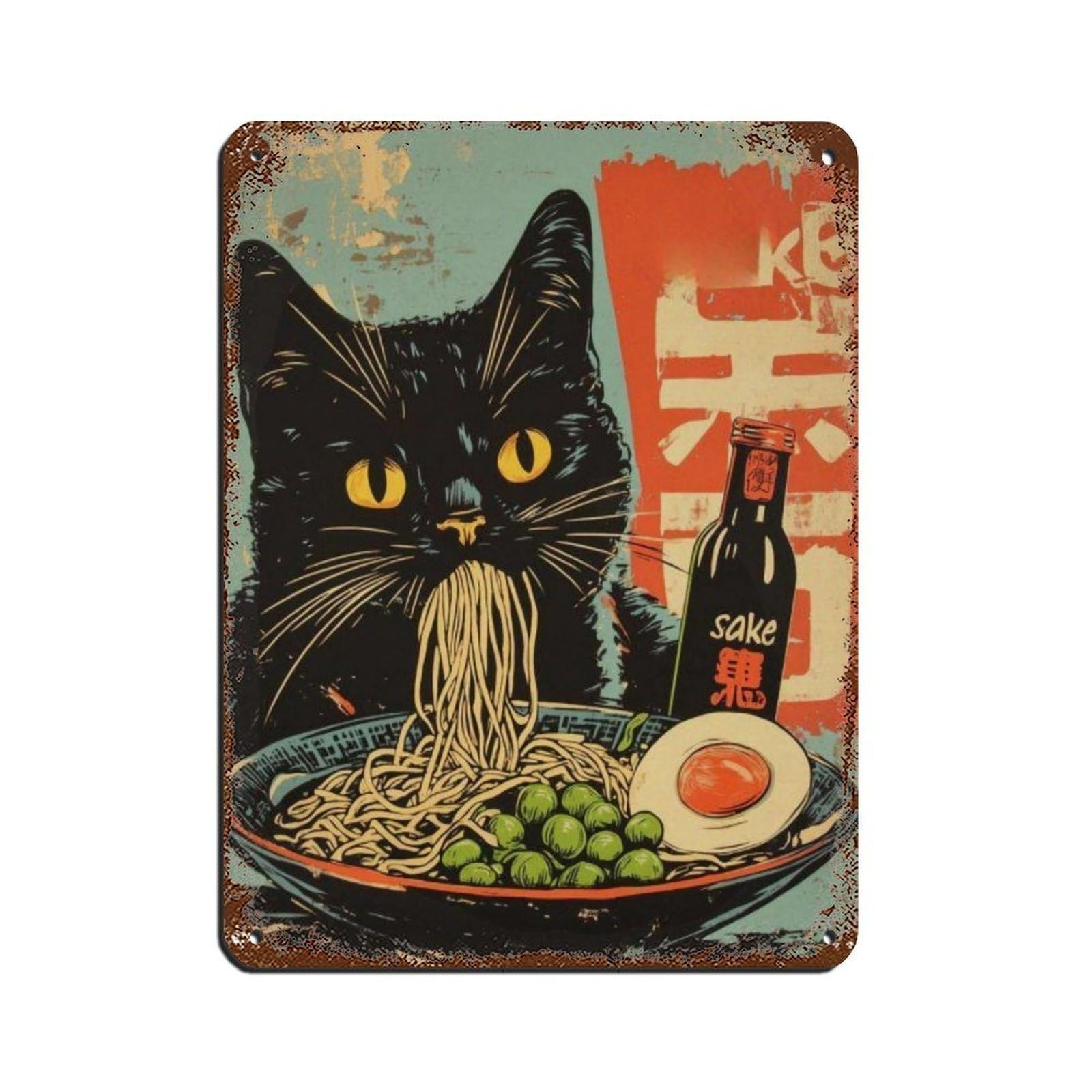 Lxwnze 30L X 40W Cm Vintage Black Cat Ramen Art Poster, Retro Poster Metal Tin Sign Chic Art Retro Iron Painting Bar People Cave Cafe Family Garage Poster Wall Decoration 12X16inch(30X40cm)