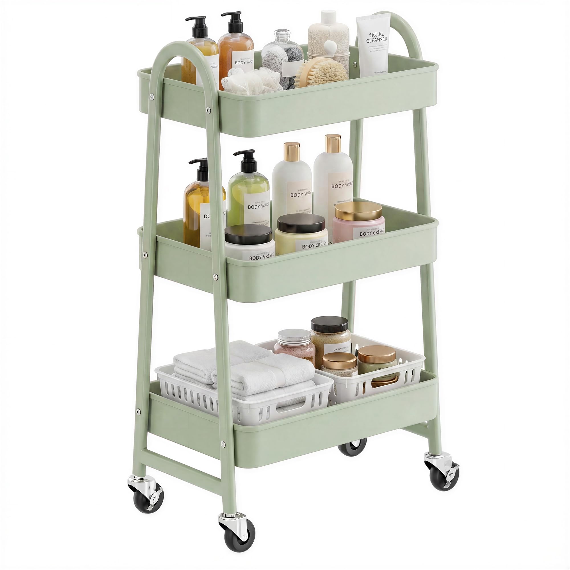 SONGMICS 3-Tier Storage Trolley, Rolling Trolley with Handle, 2 Small Organisers, Steel Frame, Steel Baskets, Utility Cart, Easy Assembly, for Bathroom Laundry Room, Olive Green BSC068C101